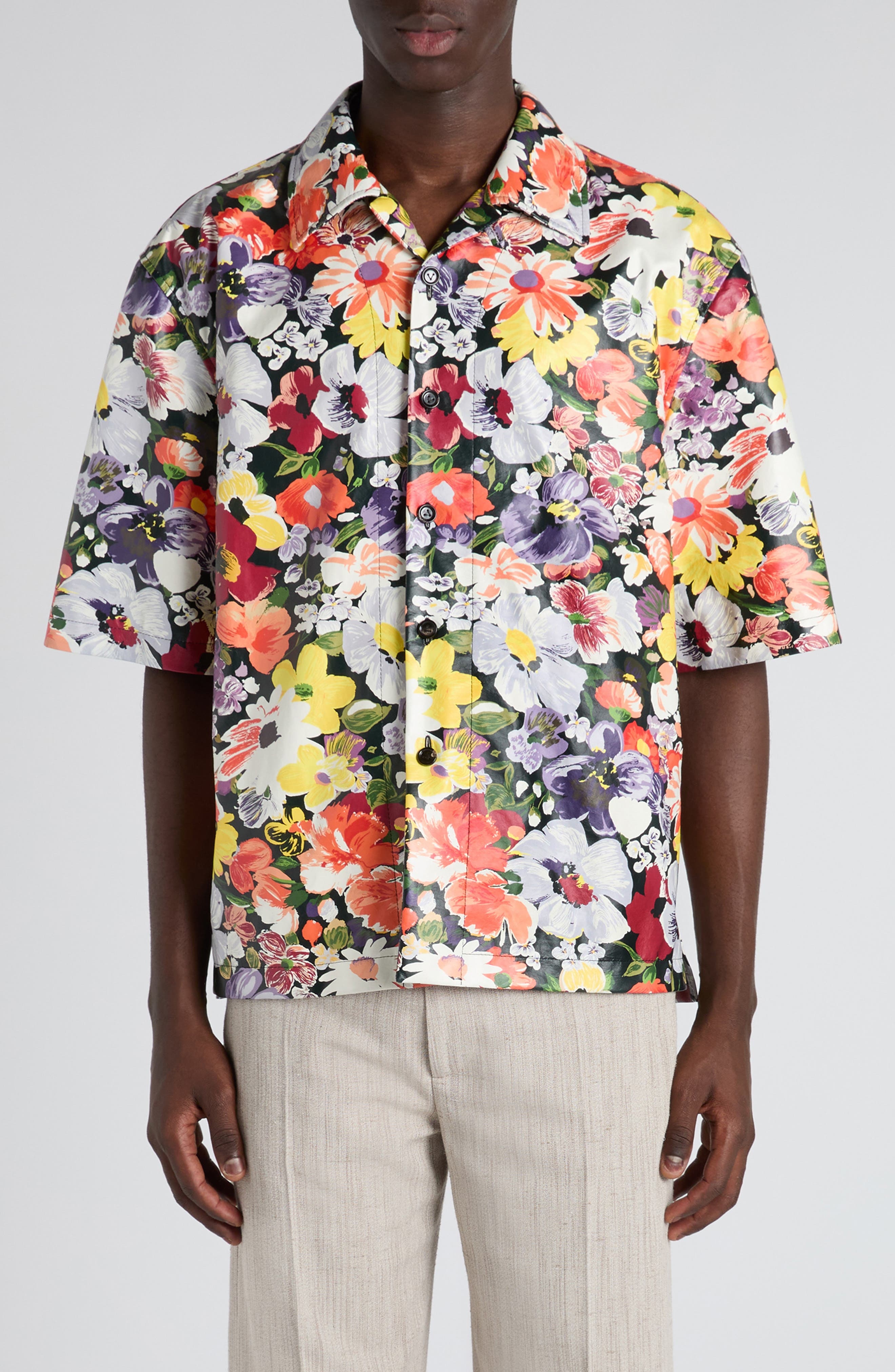 Bottega Veneta Floral Print Leather Camp Shirt in 8383 Multicolor at Nordstrom - 1