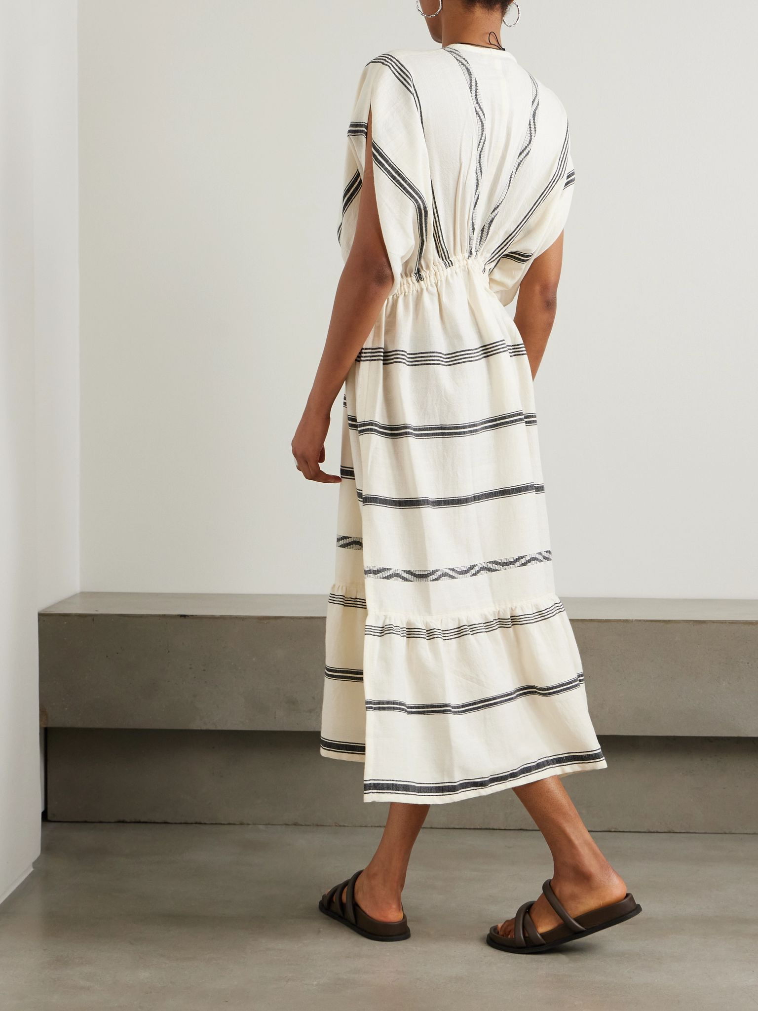 Leila striped cotton midi dress Cream - 3