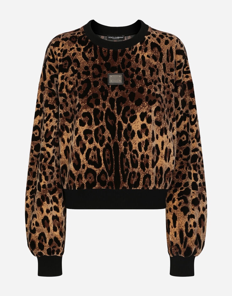 Round-neck chenille sweatshirt with jacquard leopard design - 1