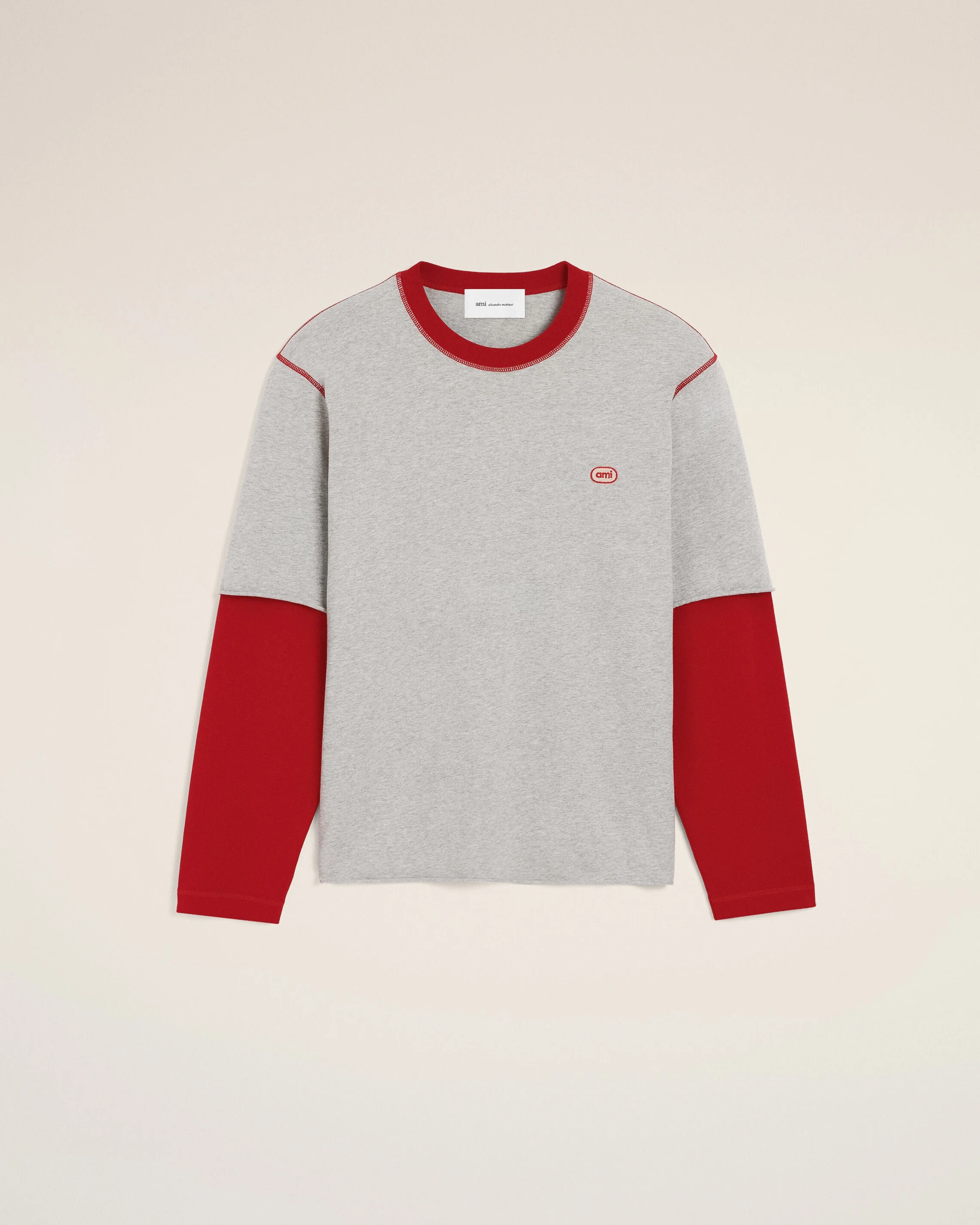 GREY DOUBLE SLEEVES COTTON T-SHIRT WITH AMI PATCH - 1