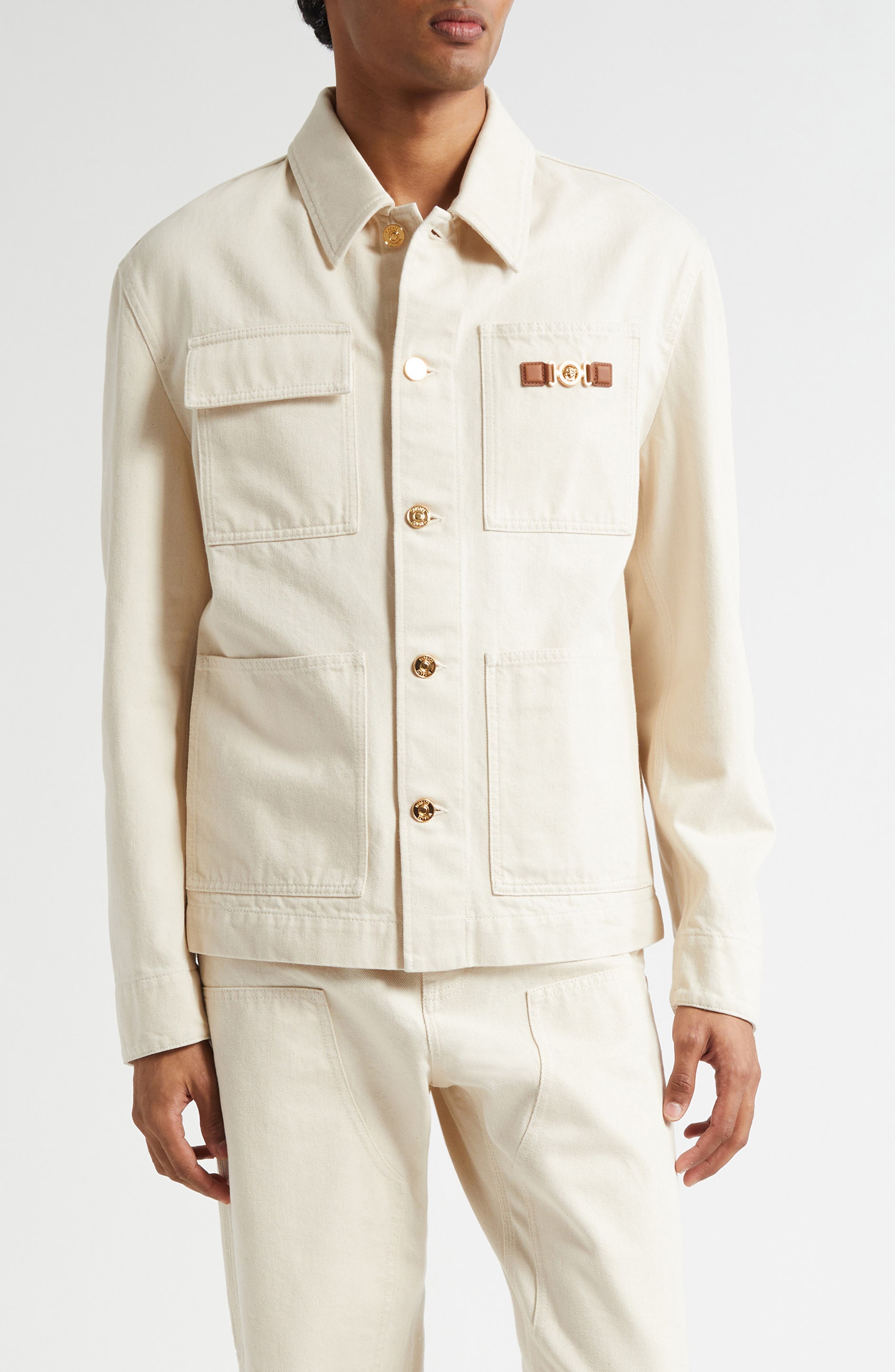 Versace Medusa Biggie Carpenter Denim Jacket in Ecru at Nordstrom - 1