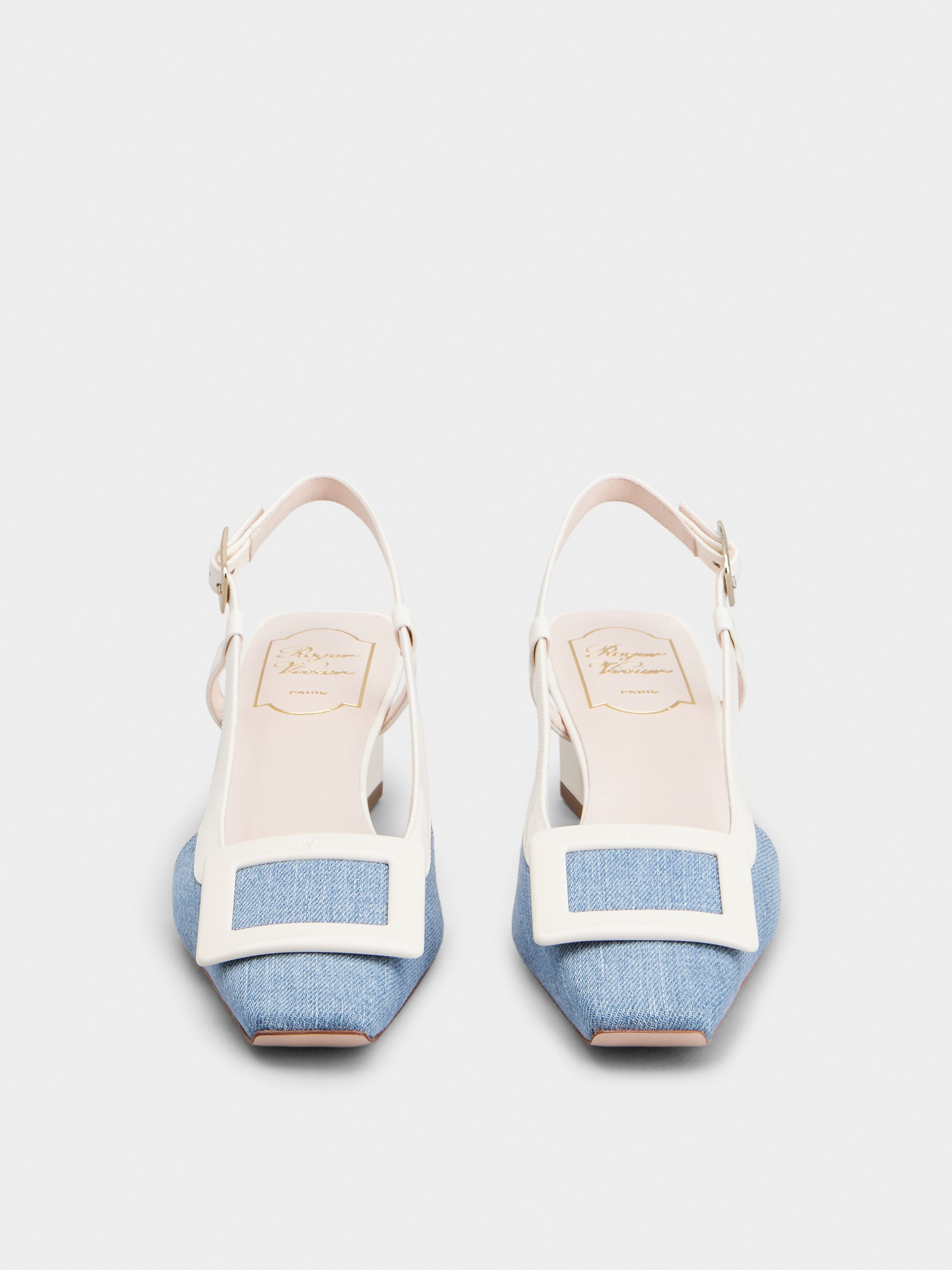 Belle Vivier Lacquered Buckle Slingback Pumps in Denim - 7