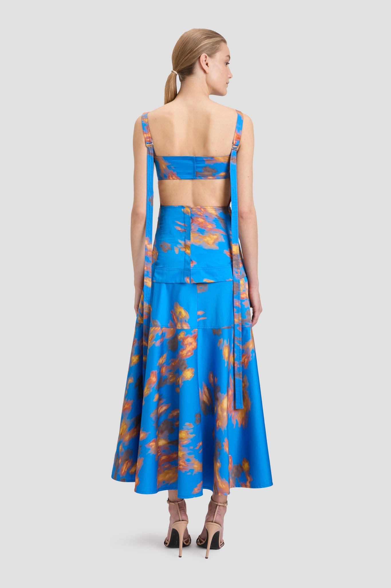 Panelled Maxi Skirt In Blue Abstract Floral Print - 5