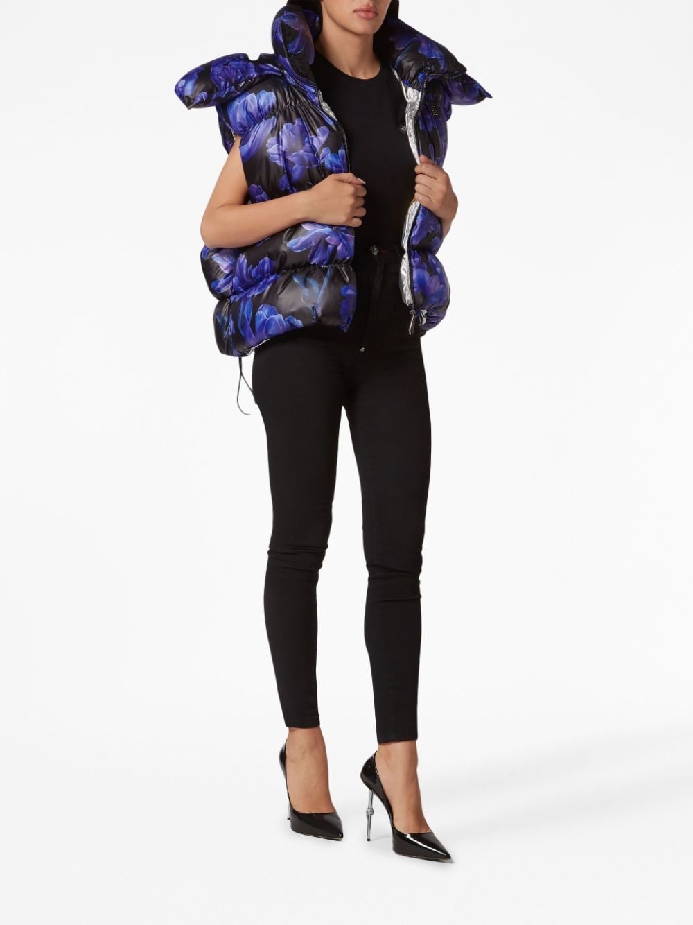 floral-print padded-design gilet - 2