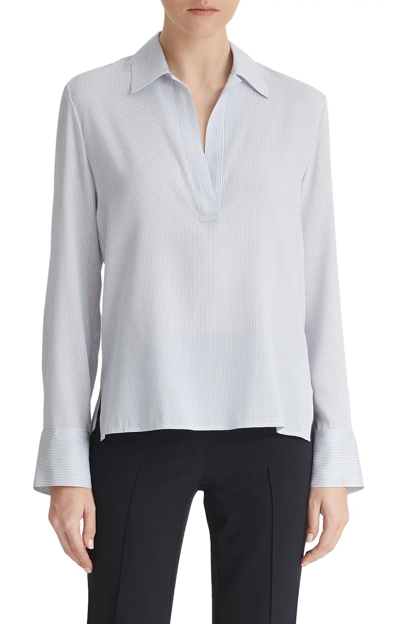 Micro Stripe Stretch Silk Popover Shirt - 1