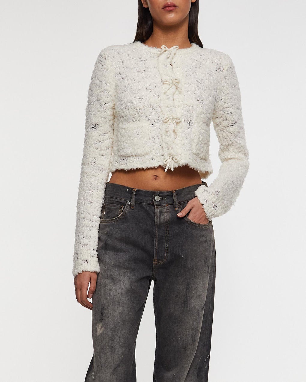 Cardigan Open Stitch Bow White - 2