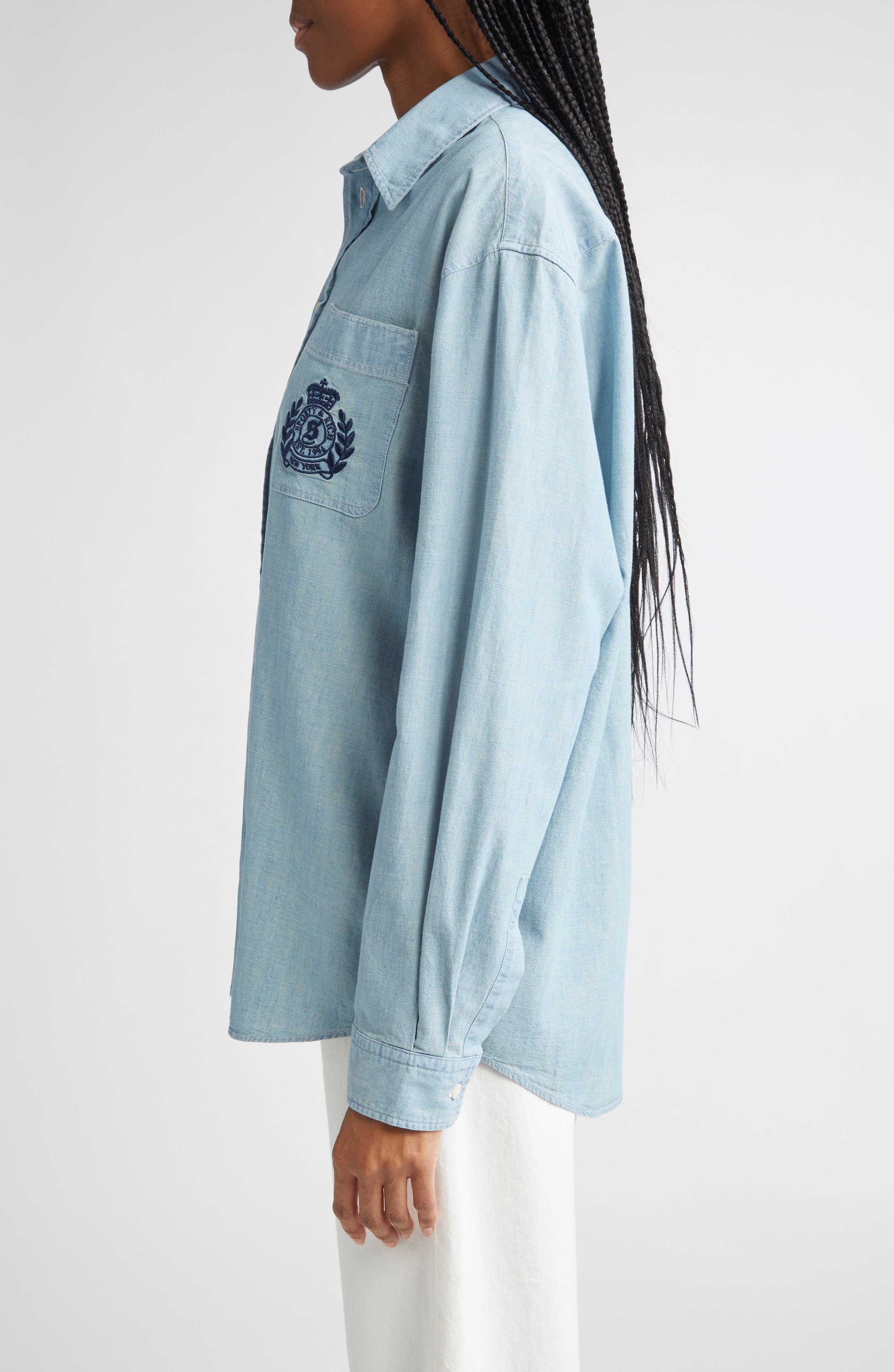 Sporty & Rich Embroidered Crest Oversize Chambray Button-Up Shirt at Nordstrom - 3