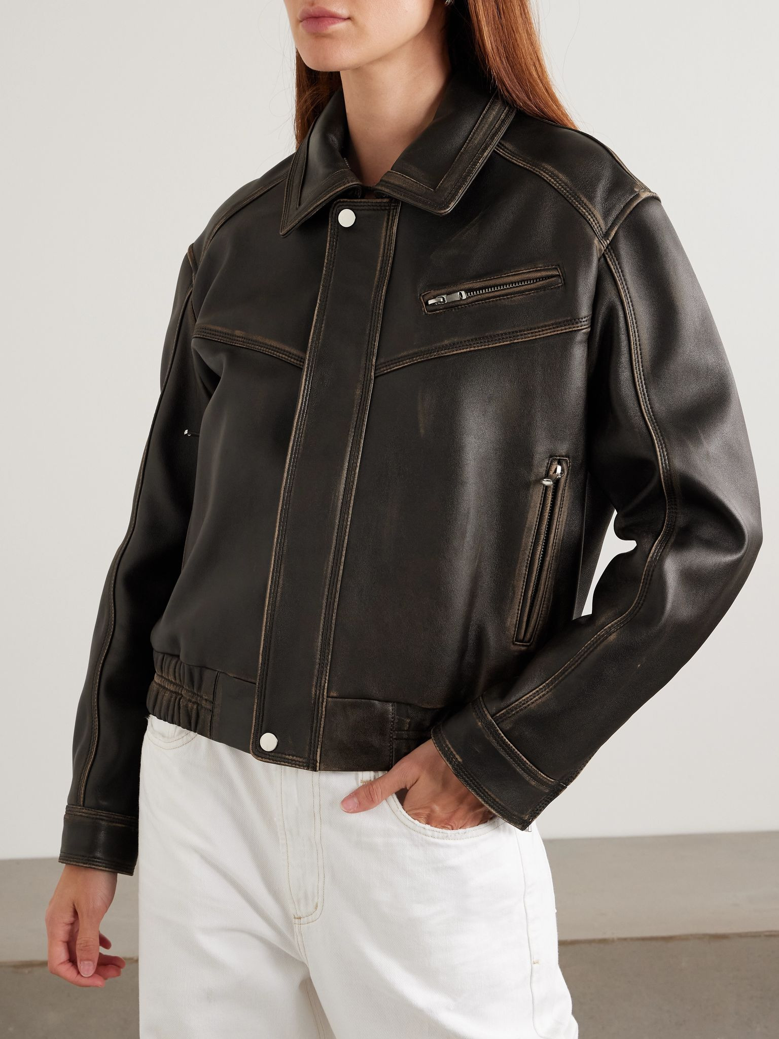 Clint oversized paneled distressed leather bomber jacket Black - 3