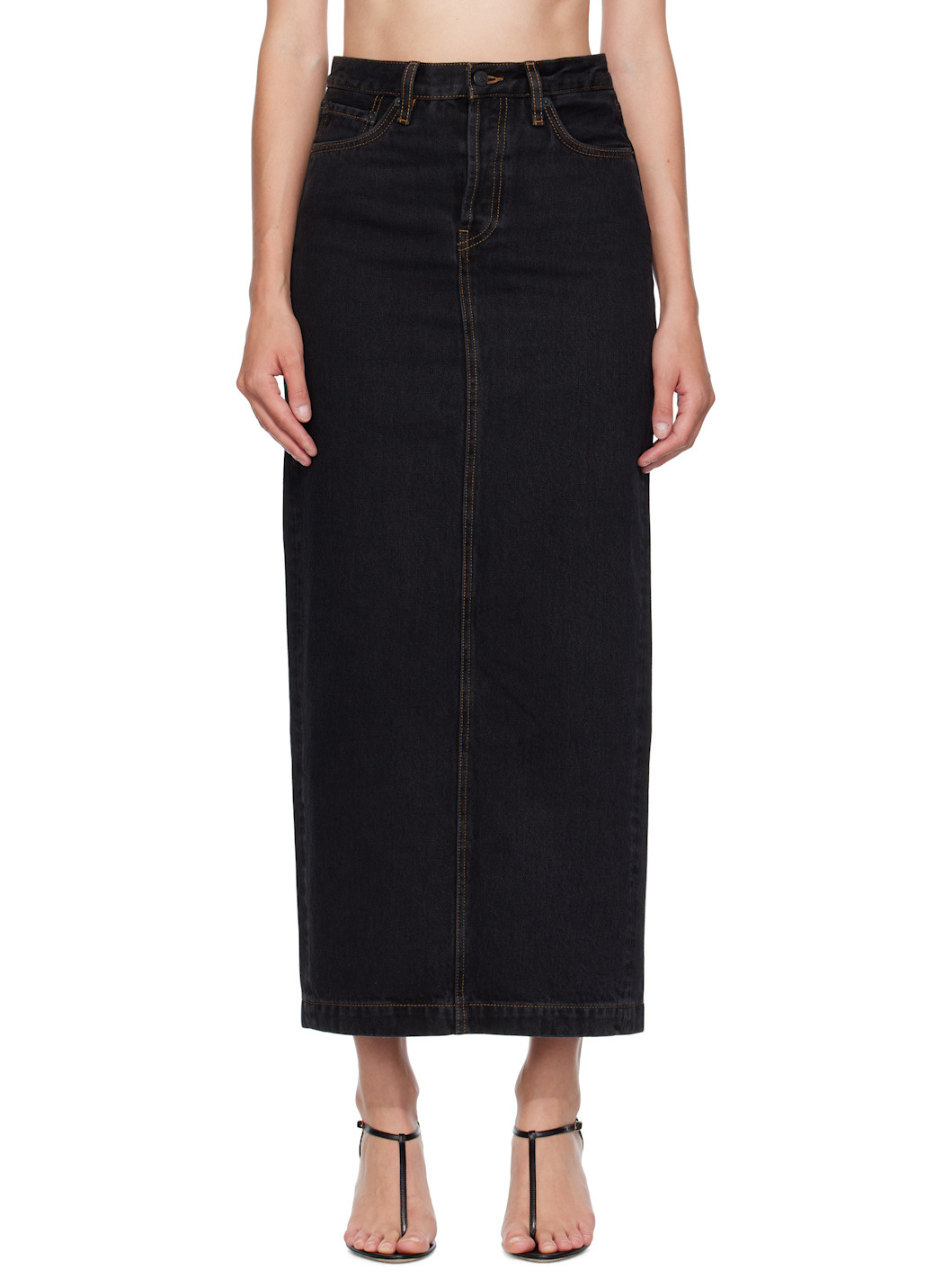 Black Denim Column Midi Skirt - 1