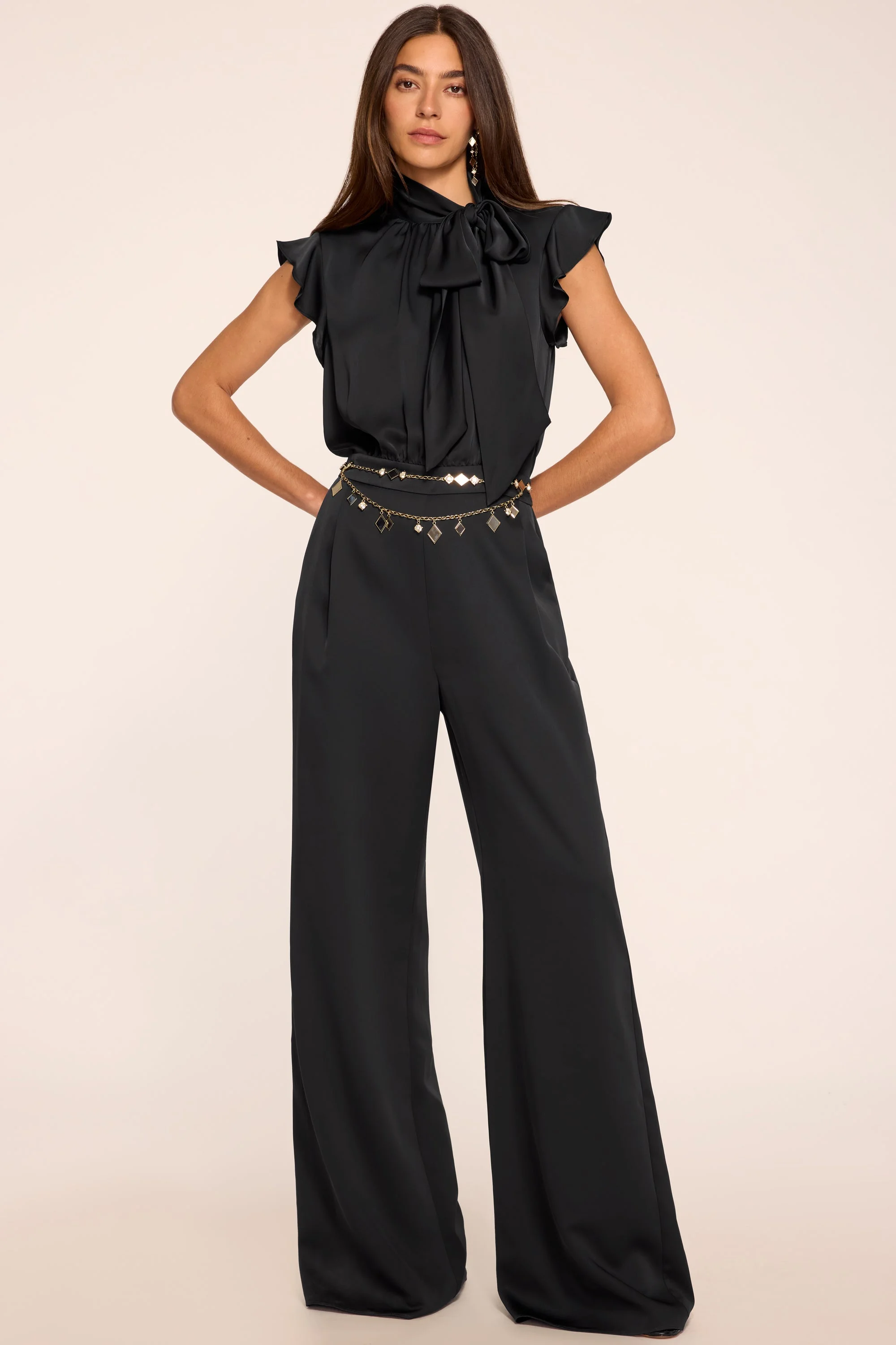 Irene Tie Neck Short Sleeve Designer Jumpsuit - 1