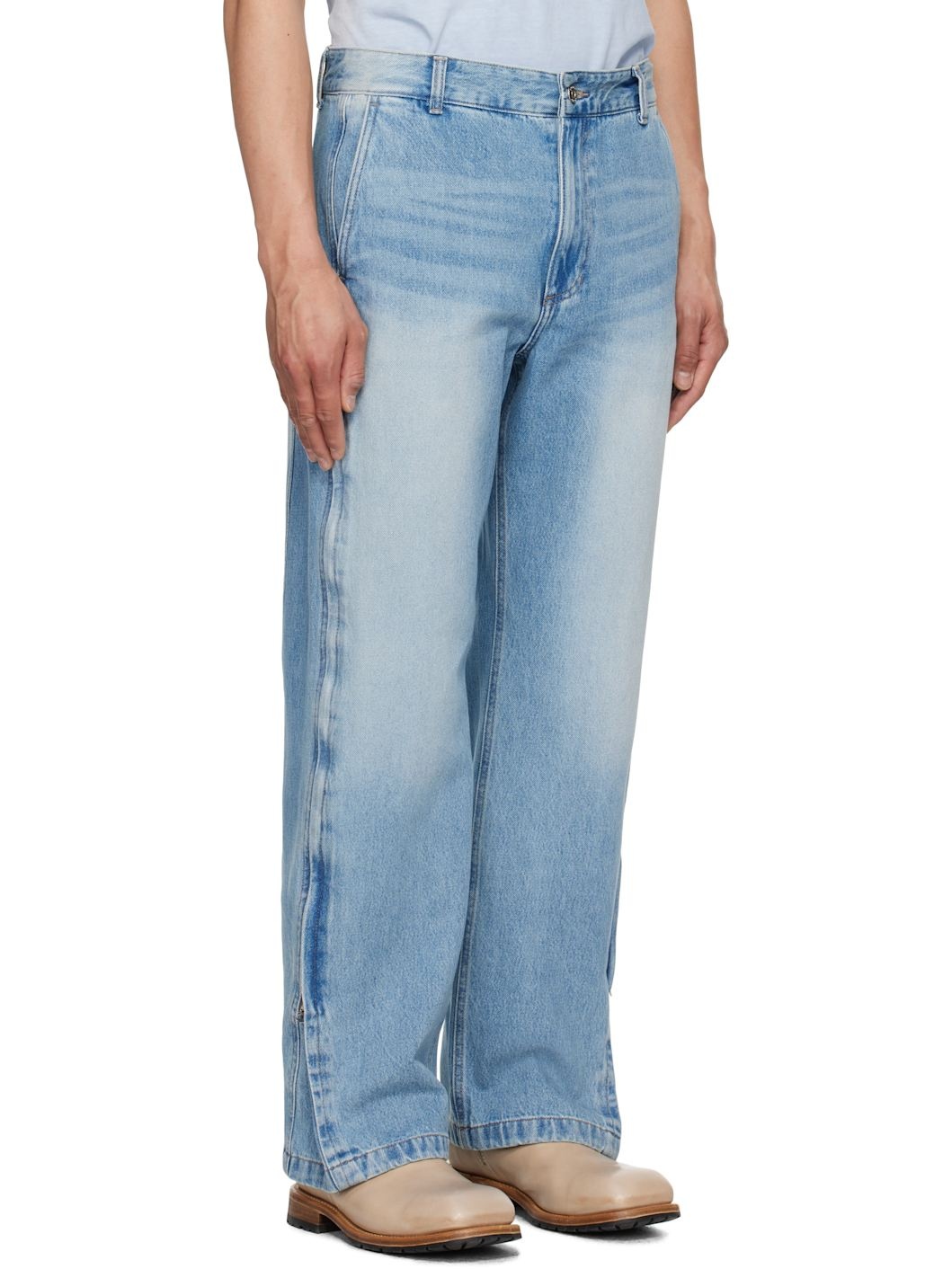 Blue Side Zipper Wide Jeans - 2