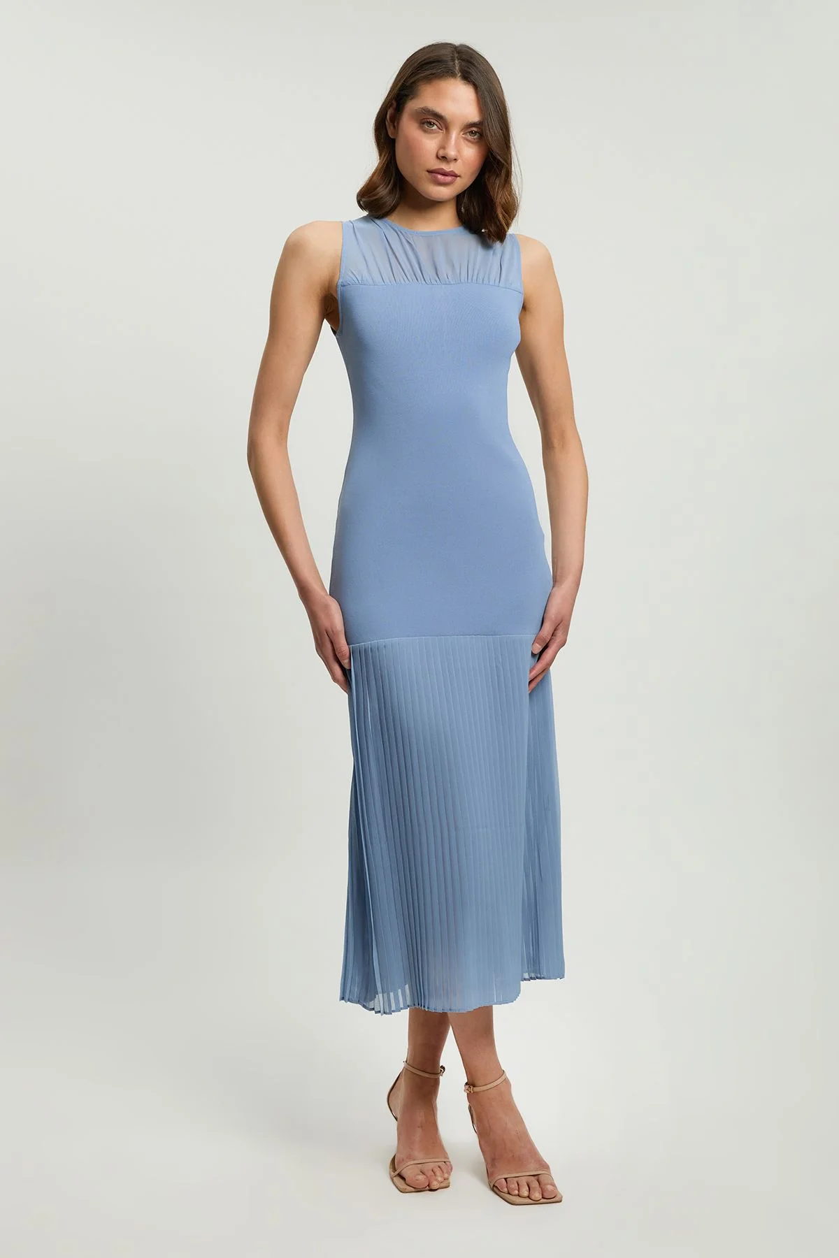 Woven Knit Mix Pleated Midi Dress - 1
