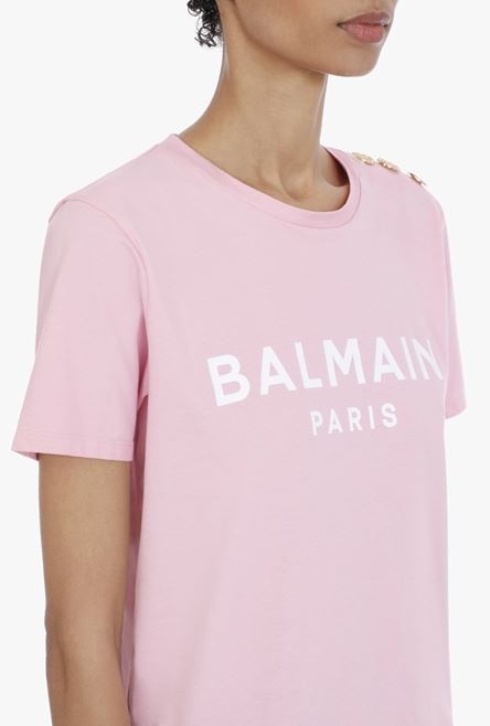 Pink cotton T-shirt with flocked white Balmain logo - 8