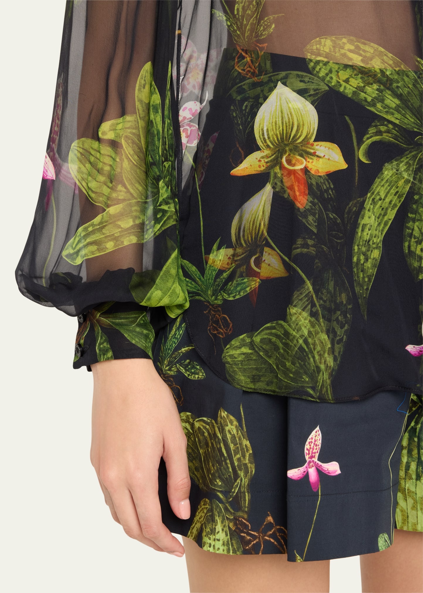Orchid Print Chiffon Scarf-Tie Blouse - 5