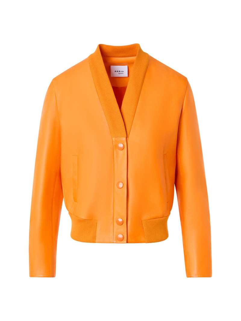 Women's Crinkled Leather V-Neck Bomber Jacket - Orange 1