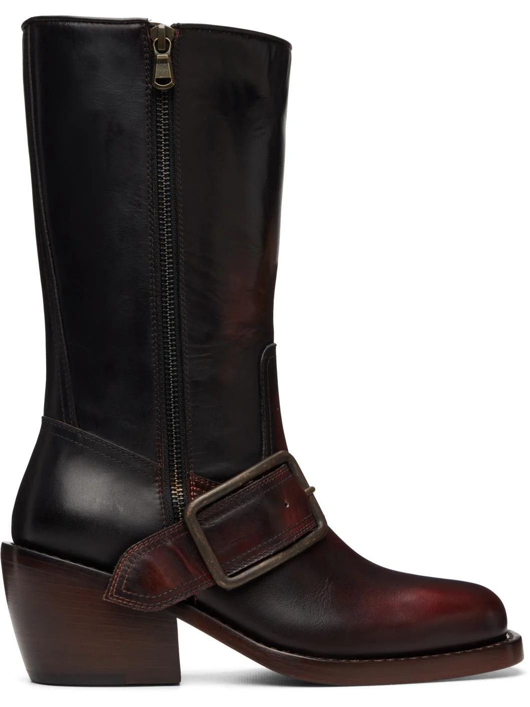 Black & Red Buckled Leather Boots - 1
