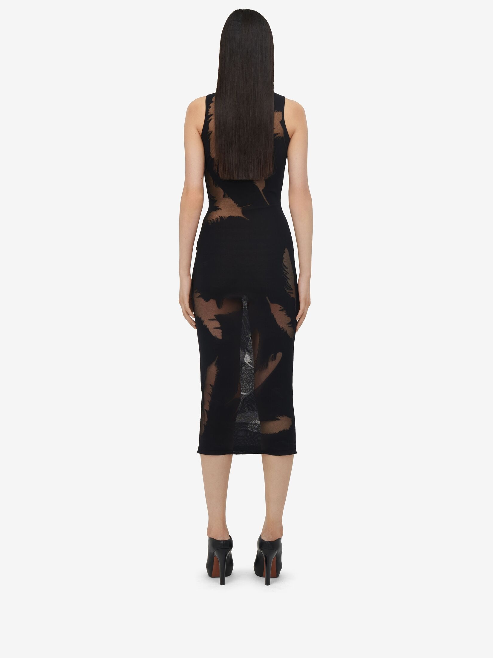 Women's Feather Intarsia Pencil Dress in Black - 4