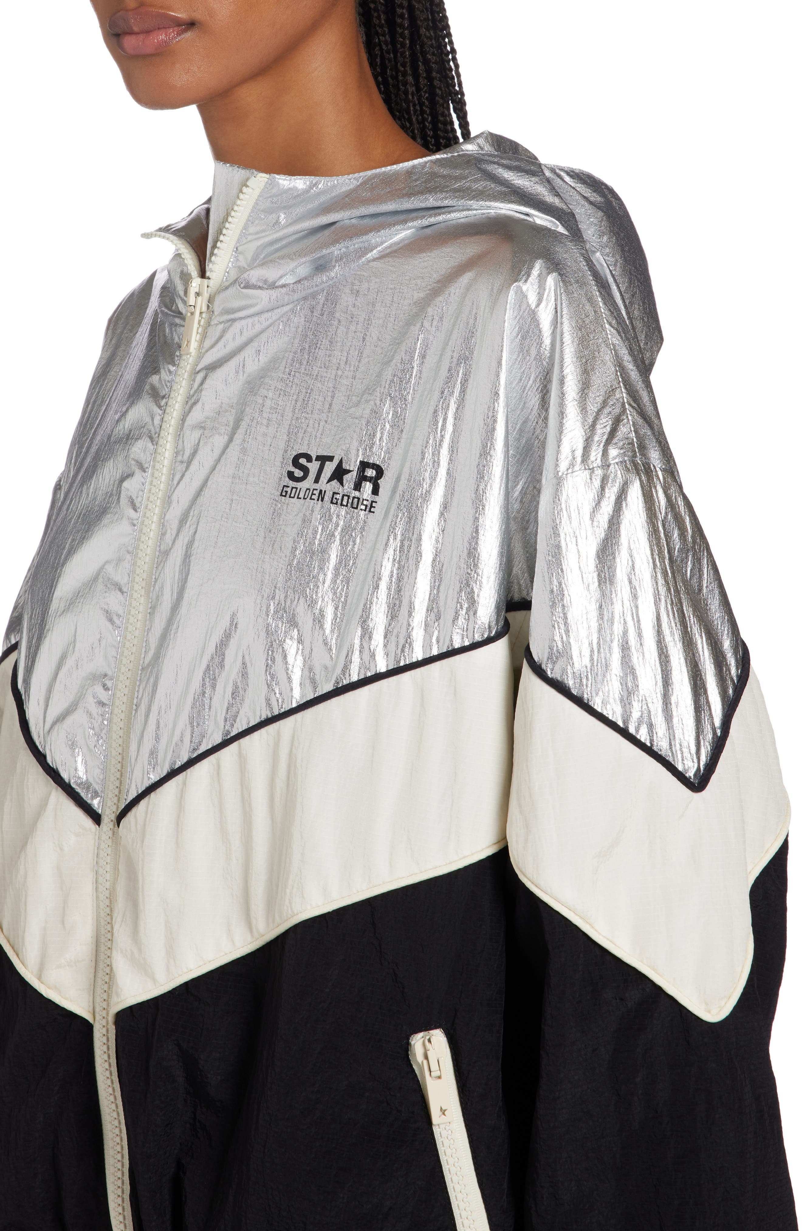 Golden Goose Patchwork Hoodie Windbreaker in Silver/Dark Papyrus/Black at Nordstrom - 5