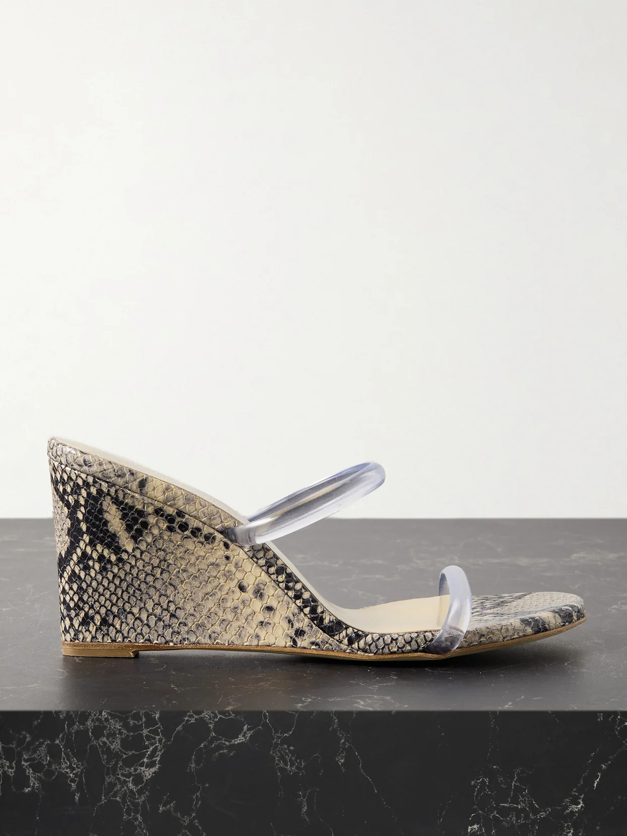 Pvc-trimmed Snake-effect Leather Wedge Sandals - 1
