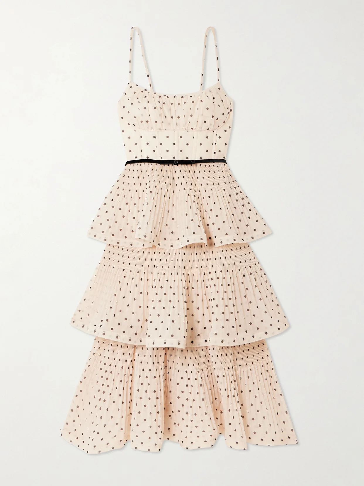 Pleated Tiered Polka-dot Organza Midi Dress - 1