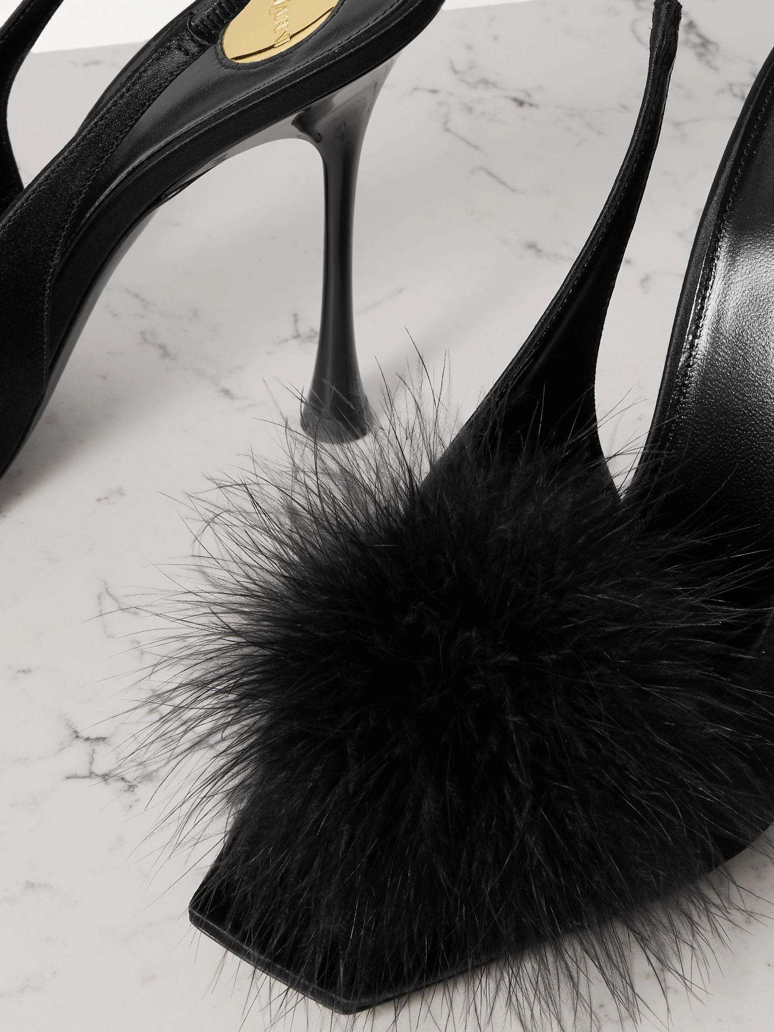 Paradis feather-trimmed satin slingback sandals Black - 4