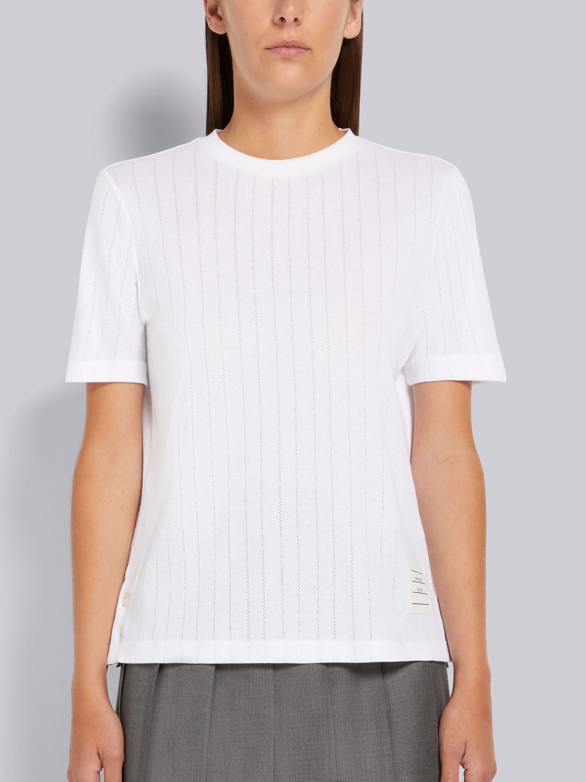 White Cotton Pointelle Rib Short Sleeve Tee - 1