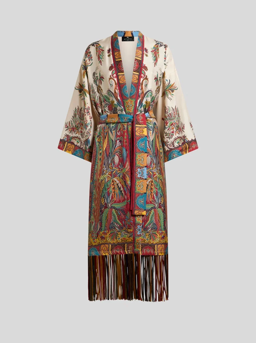 SILK DUSTER WITH FRINGING AND PLACED PAISLEY FOLIAGE PRINT - 1