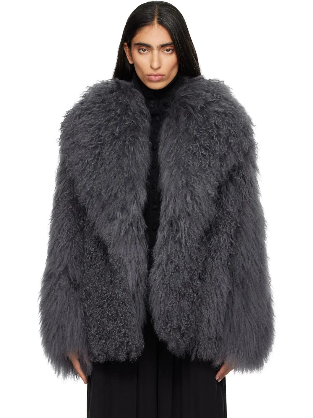 Gray Oversized Shearling Coat - 1
