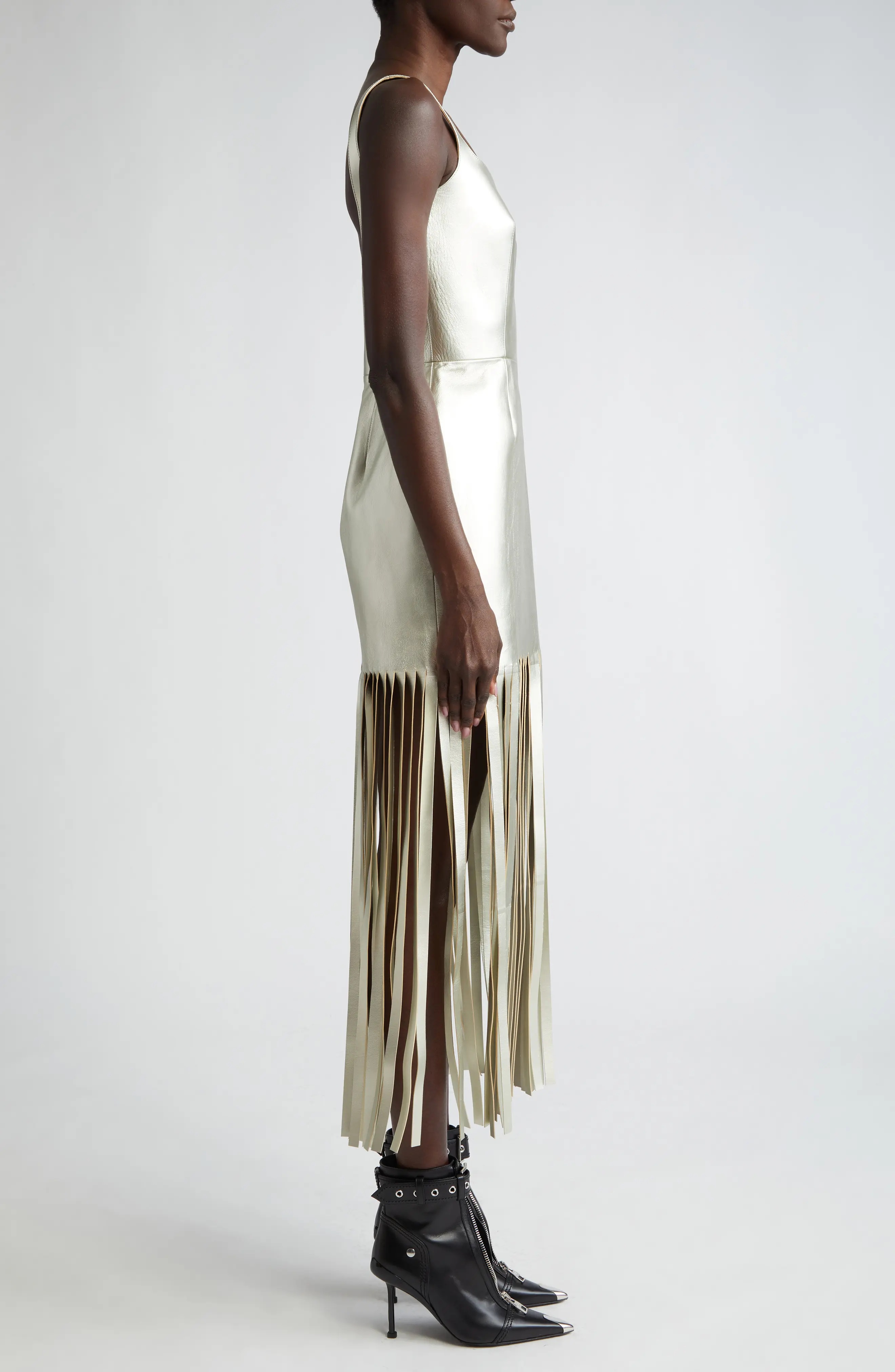 Fringe Metallic Lambskin Leather Dress - 4