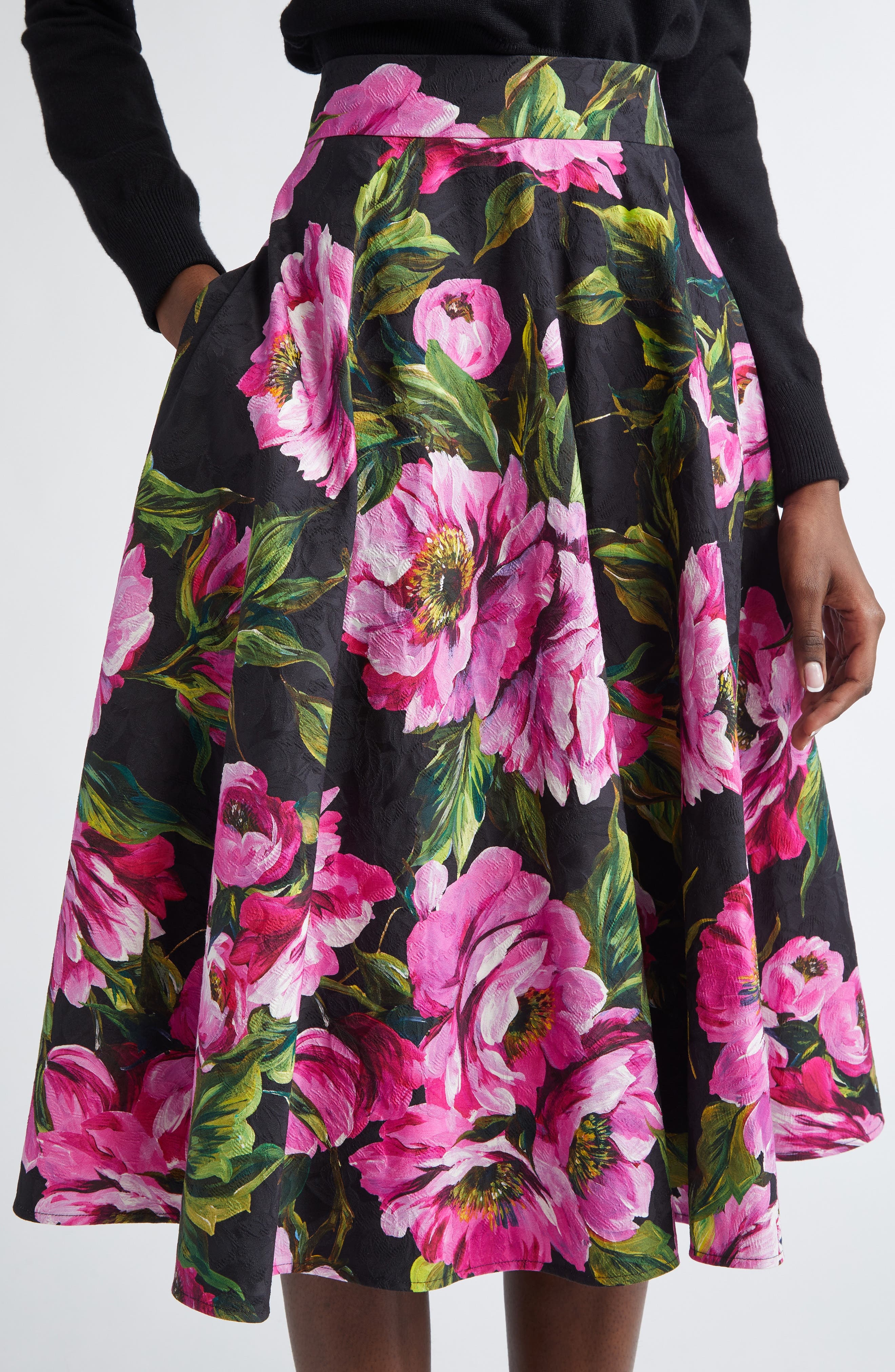 Dolce&Gabbana Peony Print Pleated Stretch Jacquard Skirt in Peonie Fuxia F.nero at Nordstrom - 5