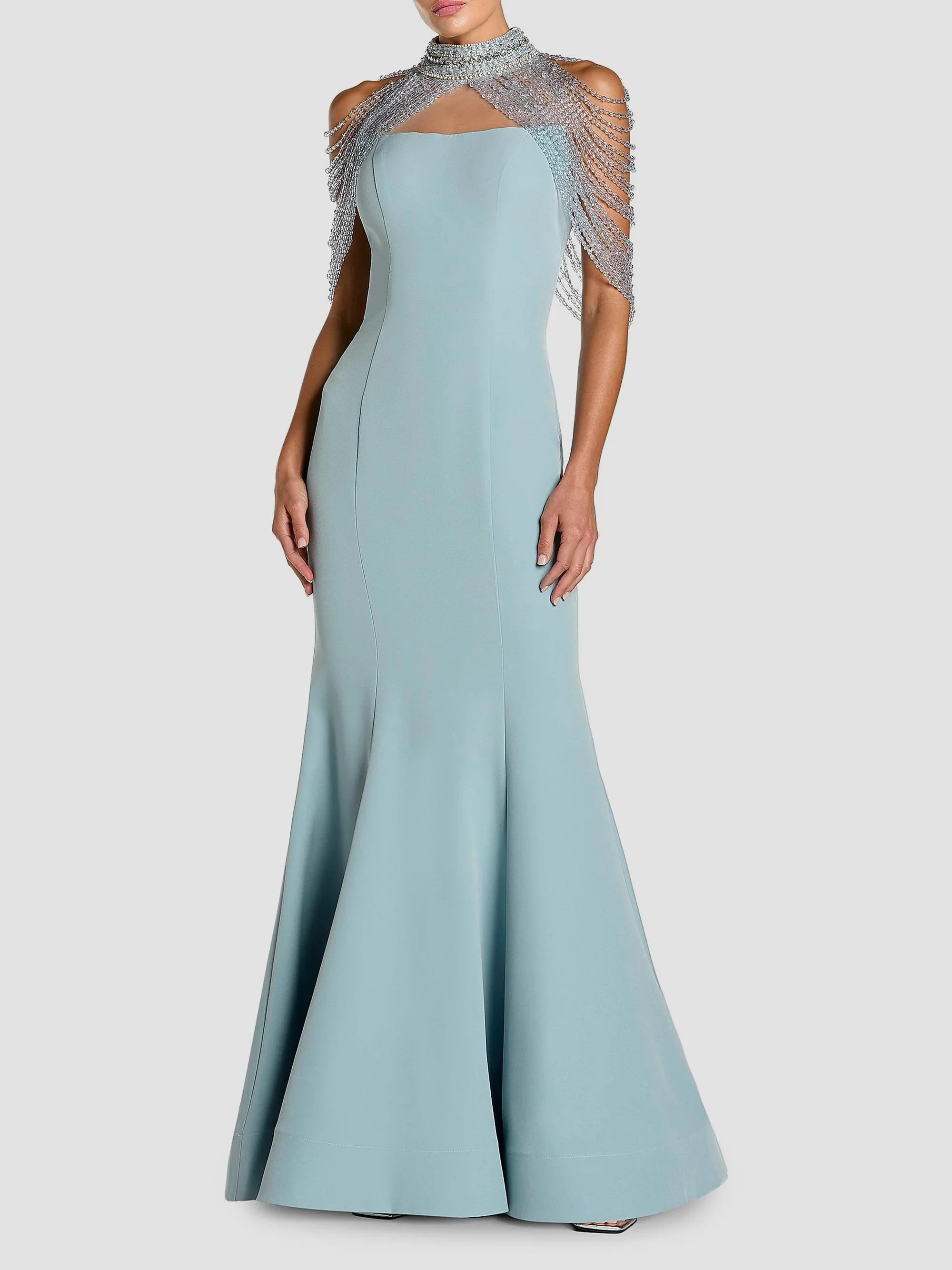 Women's Beaded Capelet Crepe Mermaid Gown - French Blue - 1