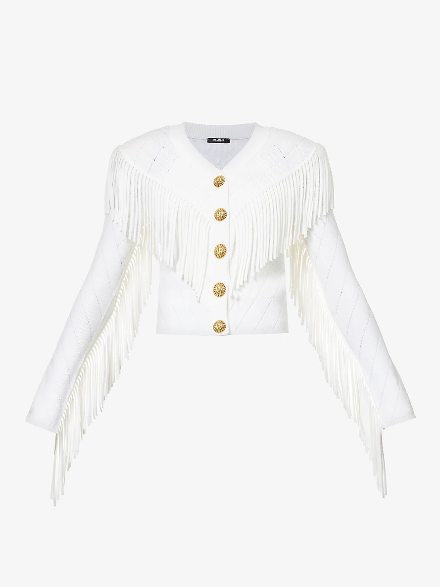 Gold-tone hardware fringed-design knitted cardigan - 1