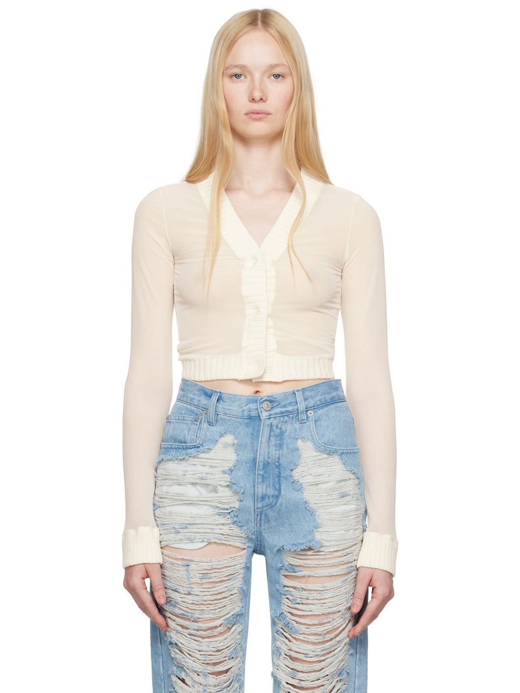 Off-White Elastic Jersey Mesh Long-Sleeved Cardigan - 1