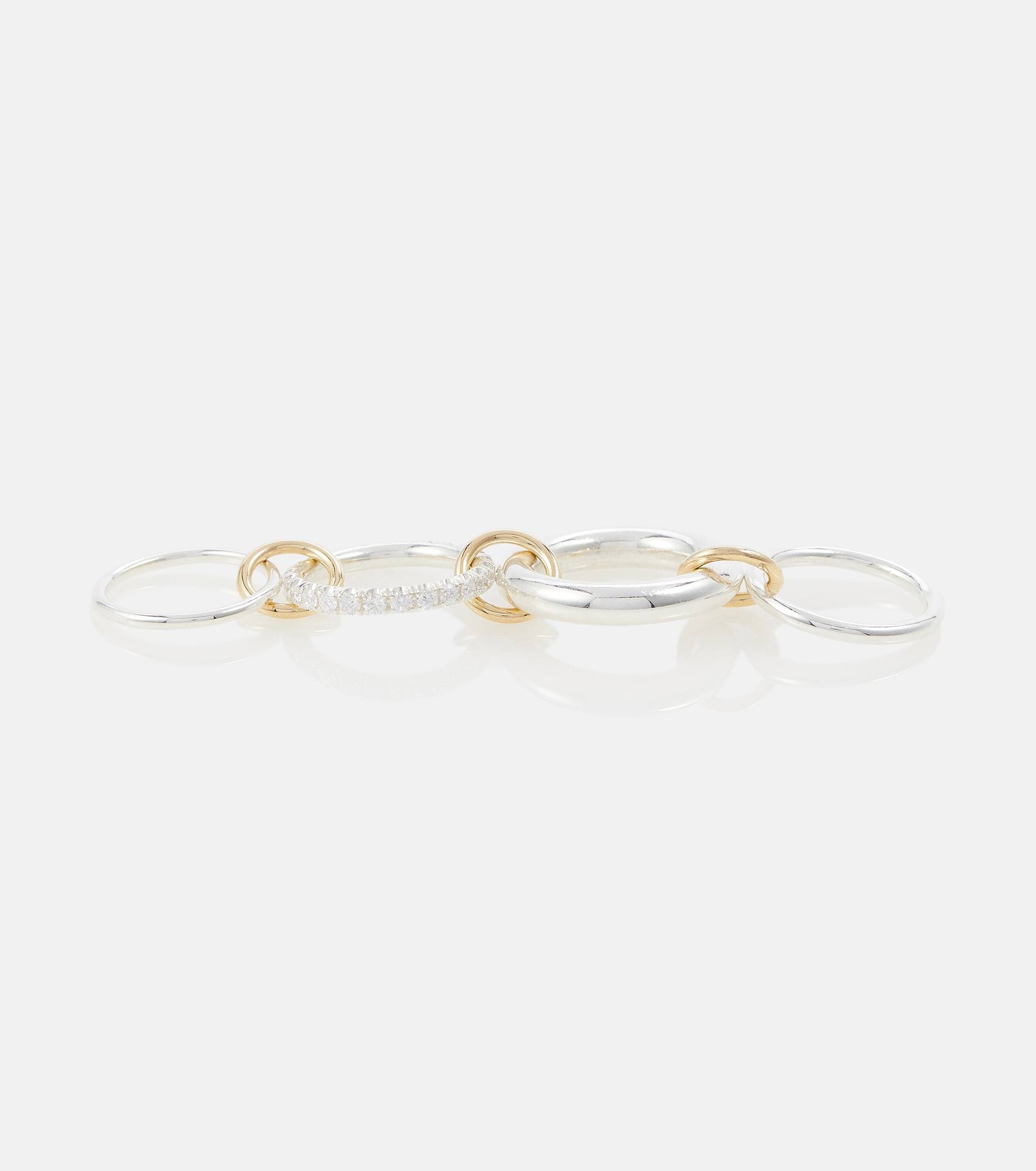 Luna 18kt gold and sterling silver linked rings with white diamonds - 4