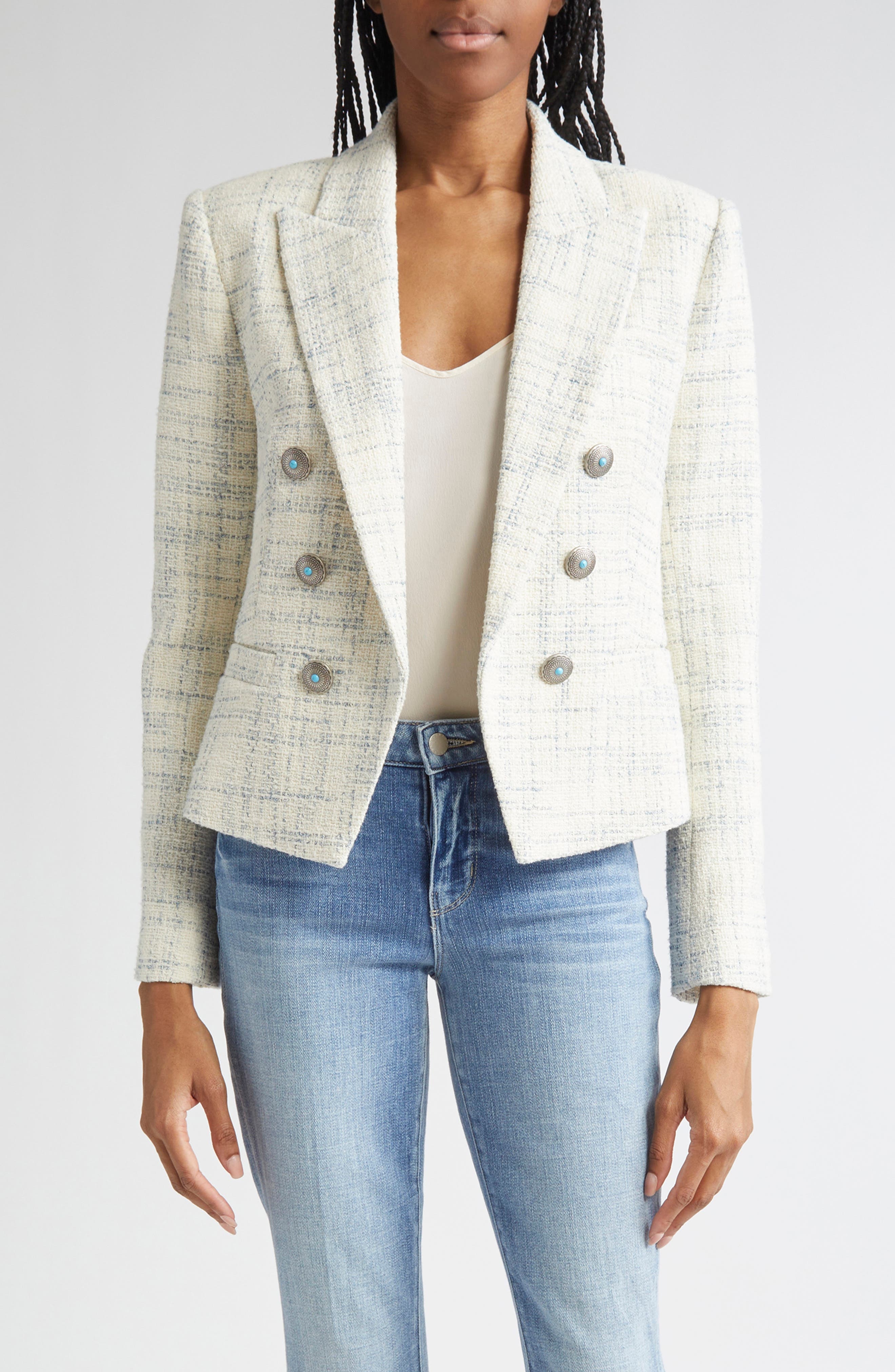 L'AGENCE Brooke Double Breasted Tweed Blazer in Vintage White/Blue Check at Nordstrom - 1