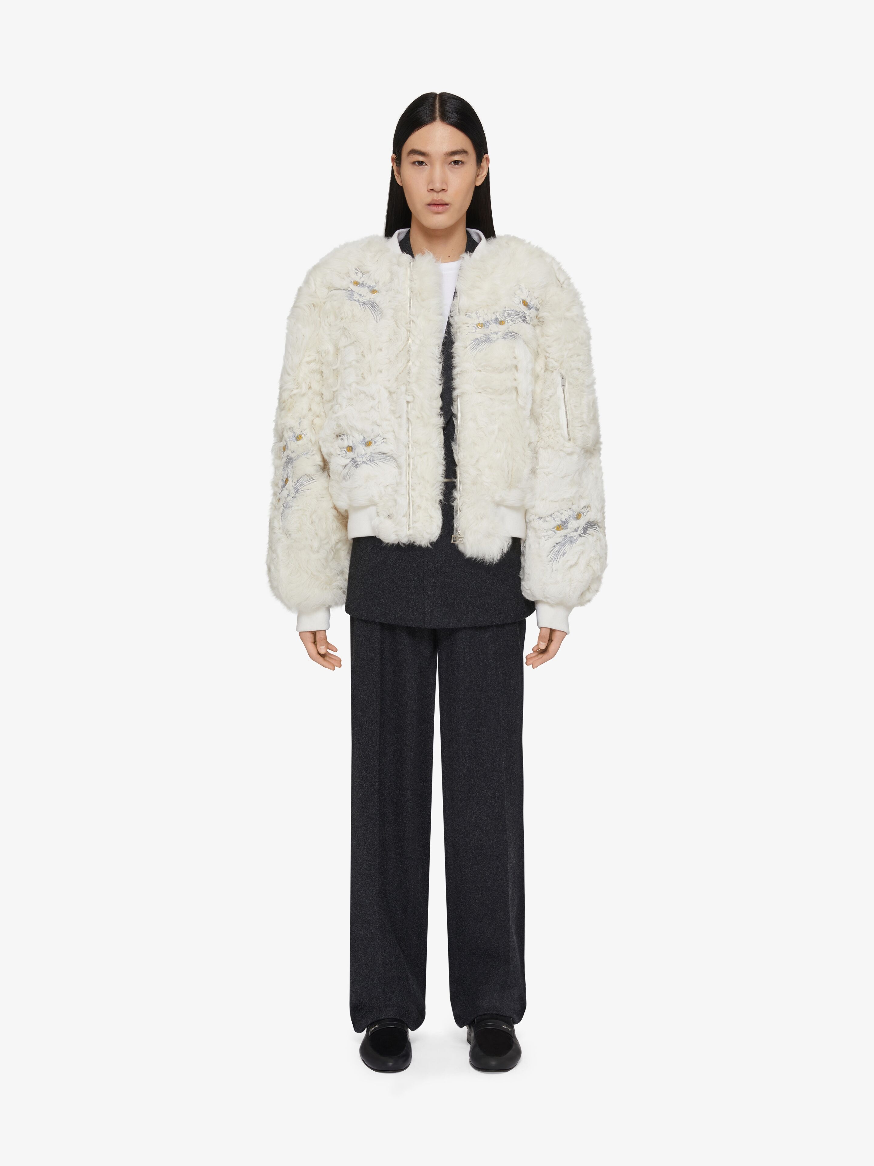 BOMBER IN CAT EMBROIDERED SHEARLING - 2