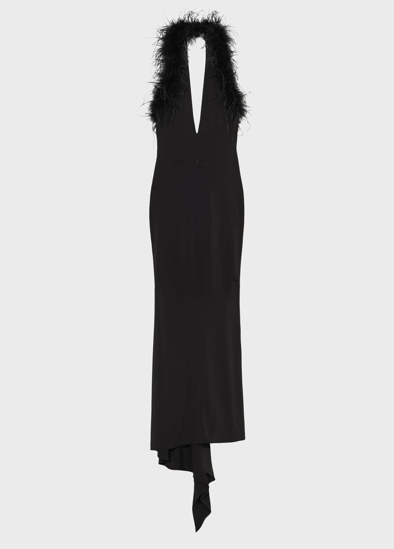 LONG JERSEY DRESS WITH DEEP NECKLINE AND MARABOU DETAILS - 1