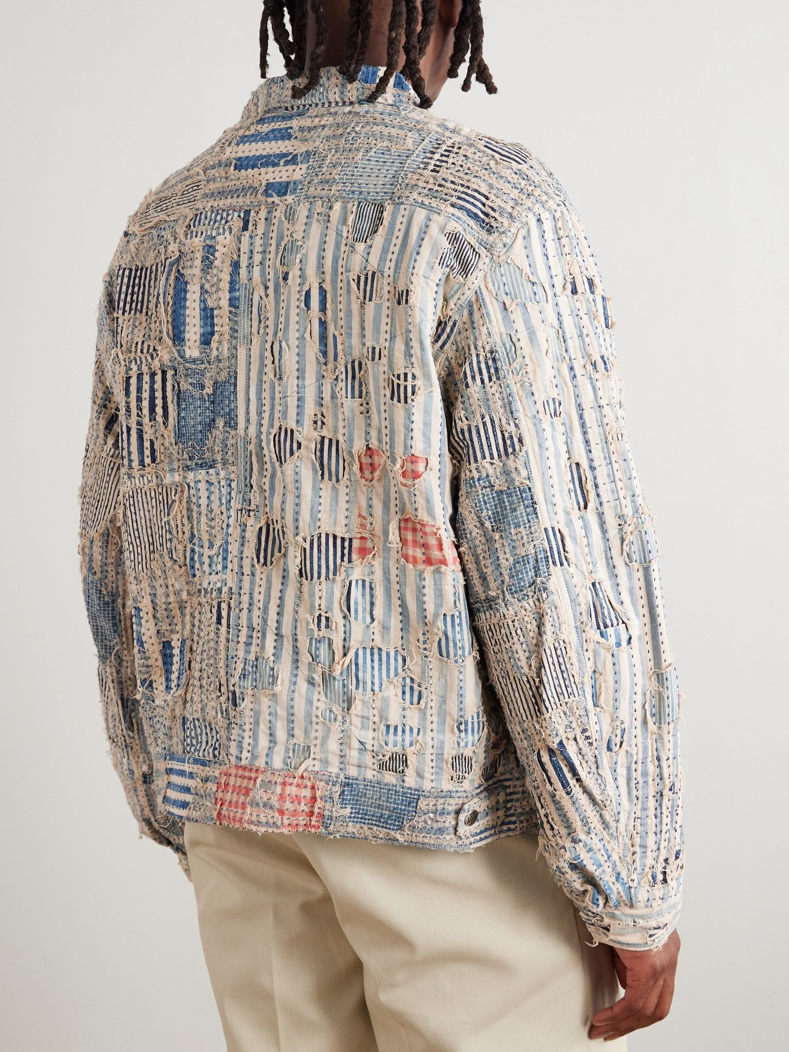 Boro Distressed Patchwork Cotton and Linen-Blend Zip-Up Jacket Blue - 4