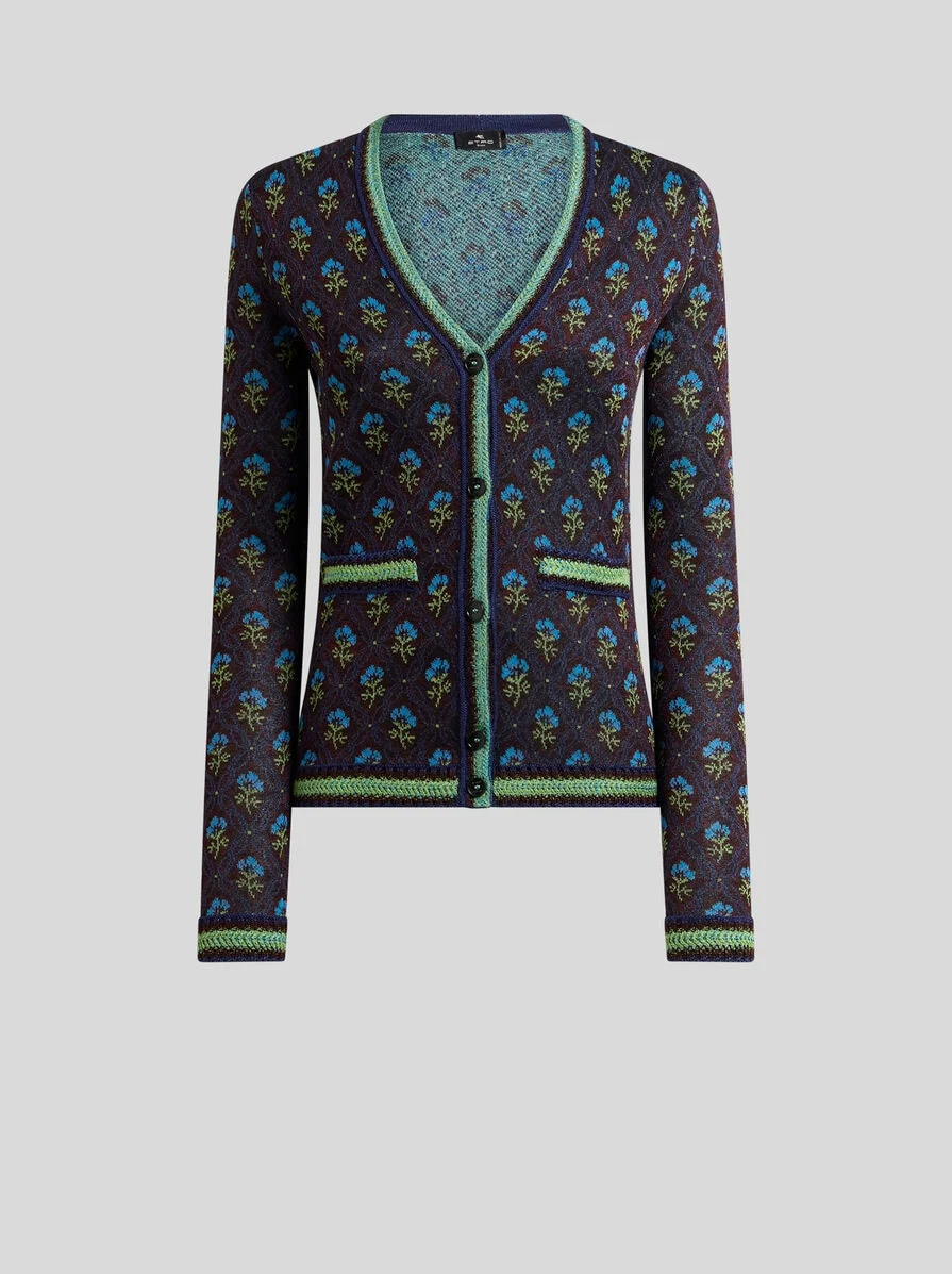 JACQUARD CARDIGAN WITH DIAMOND FLOWER MOTIF - 1