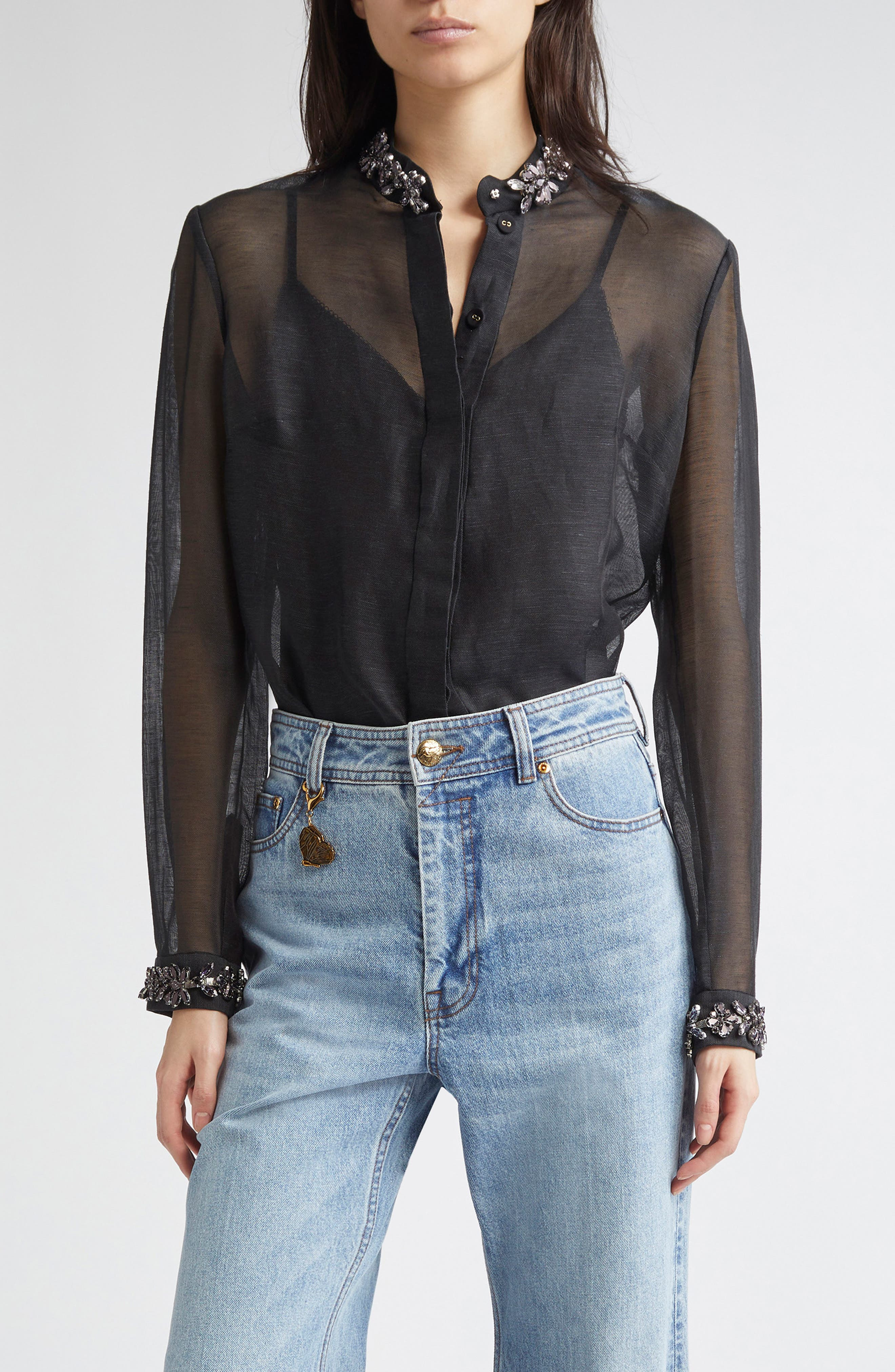 Zimmermann Hypnotic Crystal Embellished Sheer Linen & Silk Button-Up Shirt in Black at Nordstrom - 1