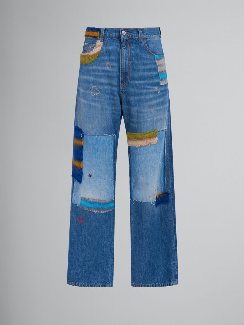 BLUE BIO DENIM JEANS WITH MOHAIR PATCHES - 1
