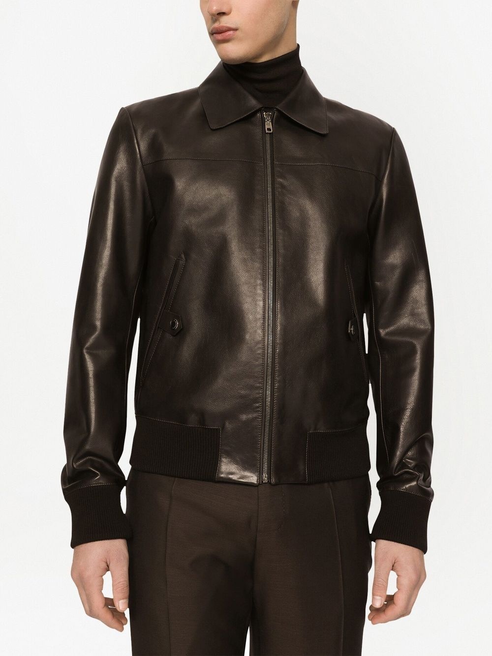 collared leather bomber jacket - 5