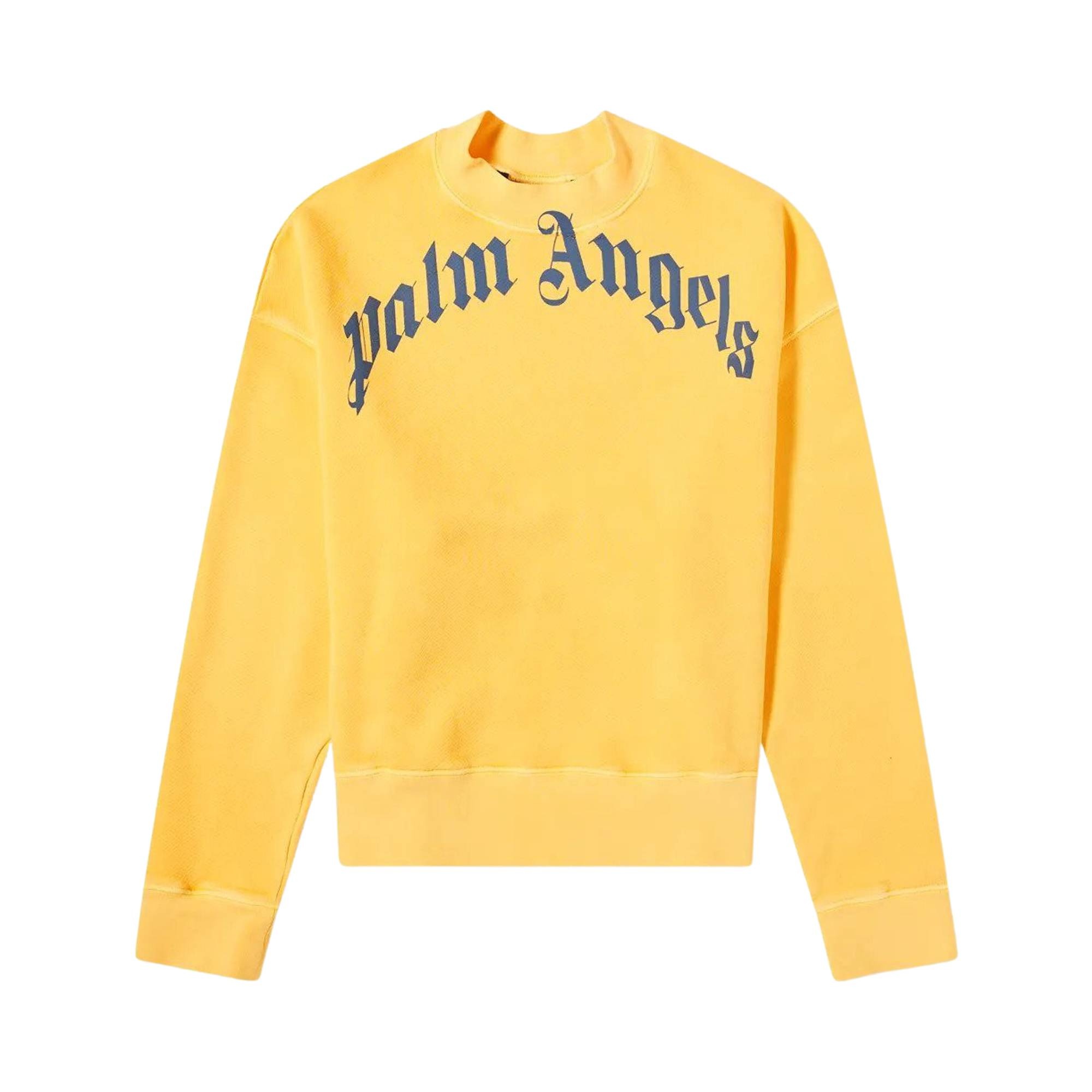 Palm Angels Vintage Wash Curved Logo Crew 'Yellow/Navy' - 1