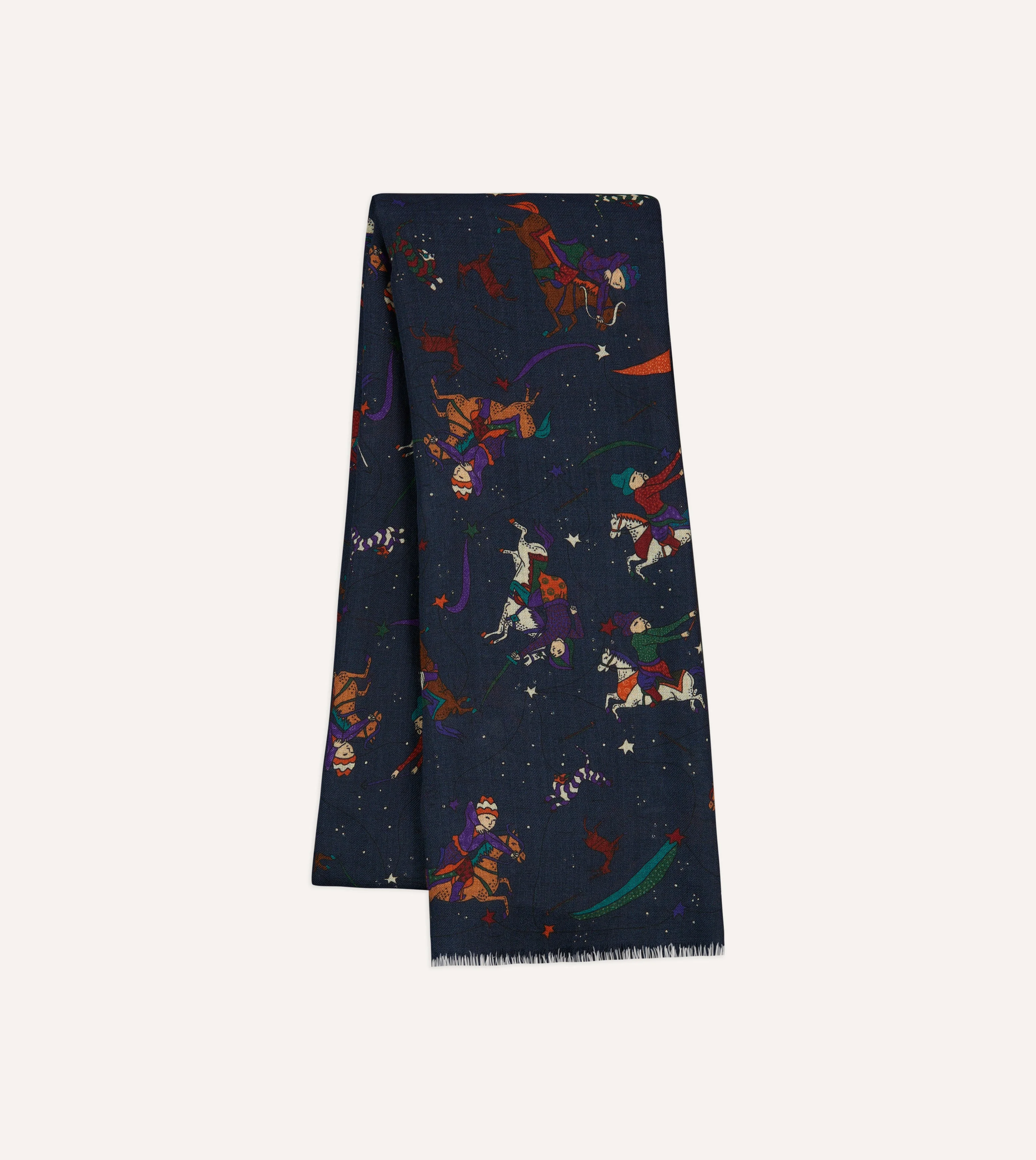 Navy Mughal and Stars Print Wool Scarf - 1