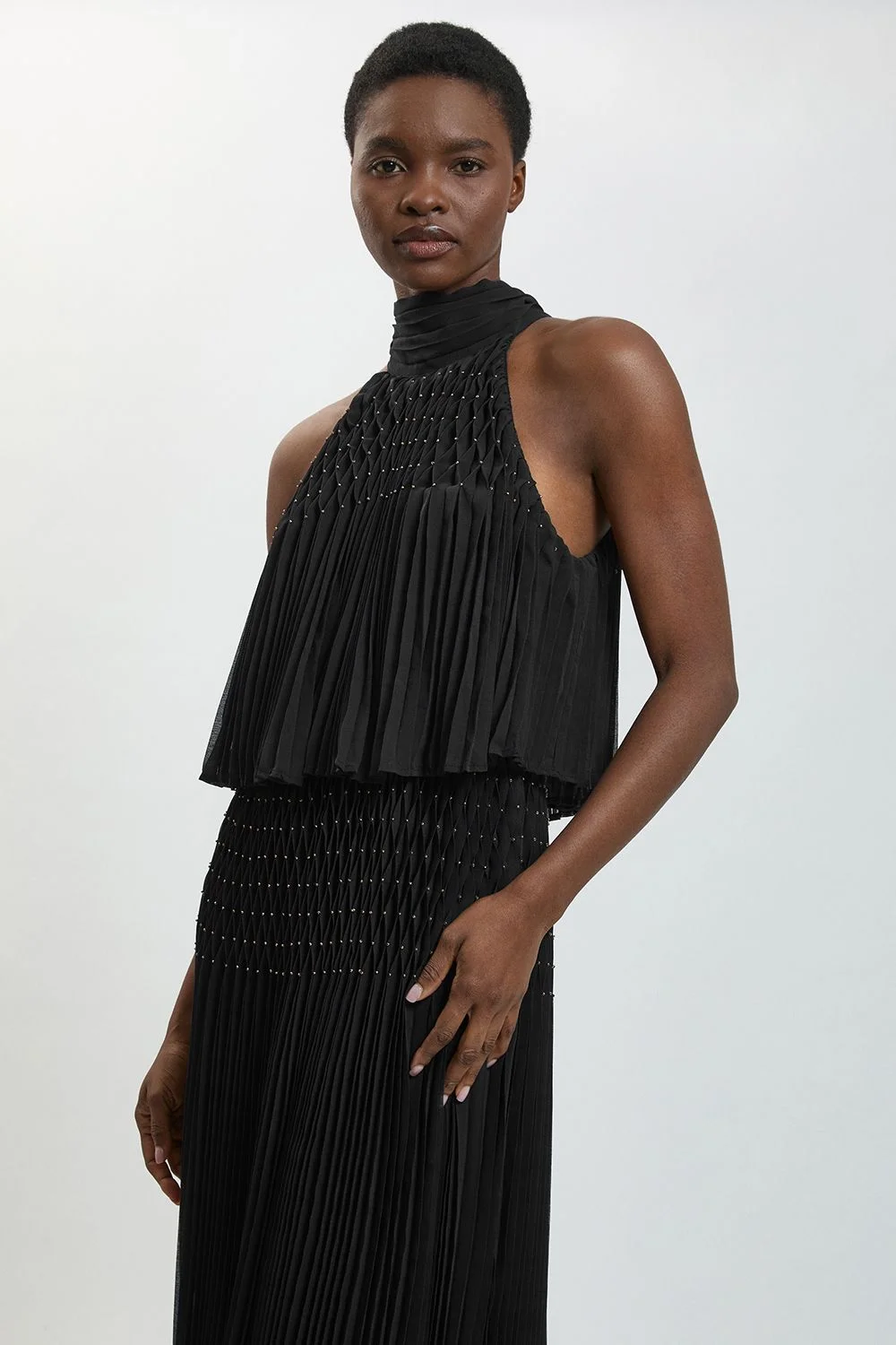 Pleated Bead Detail Halterneck Maxi Dress - 1