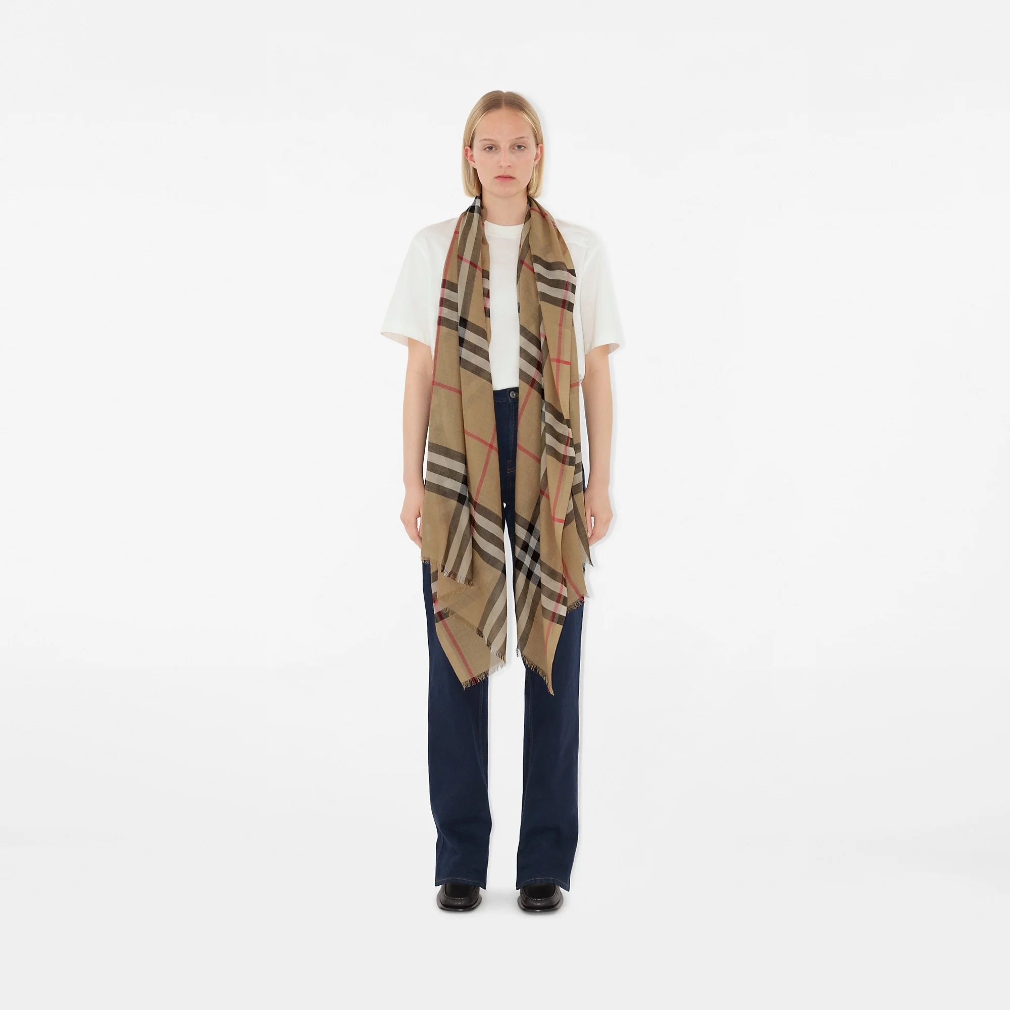 Wide Check Wool Silk Scarf - 1