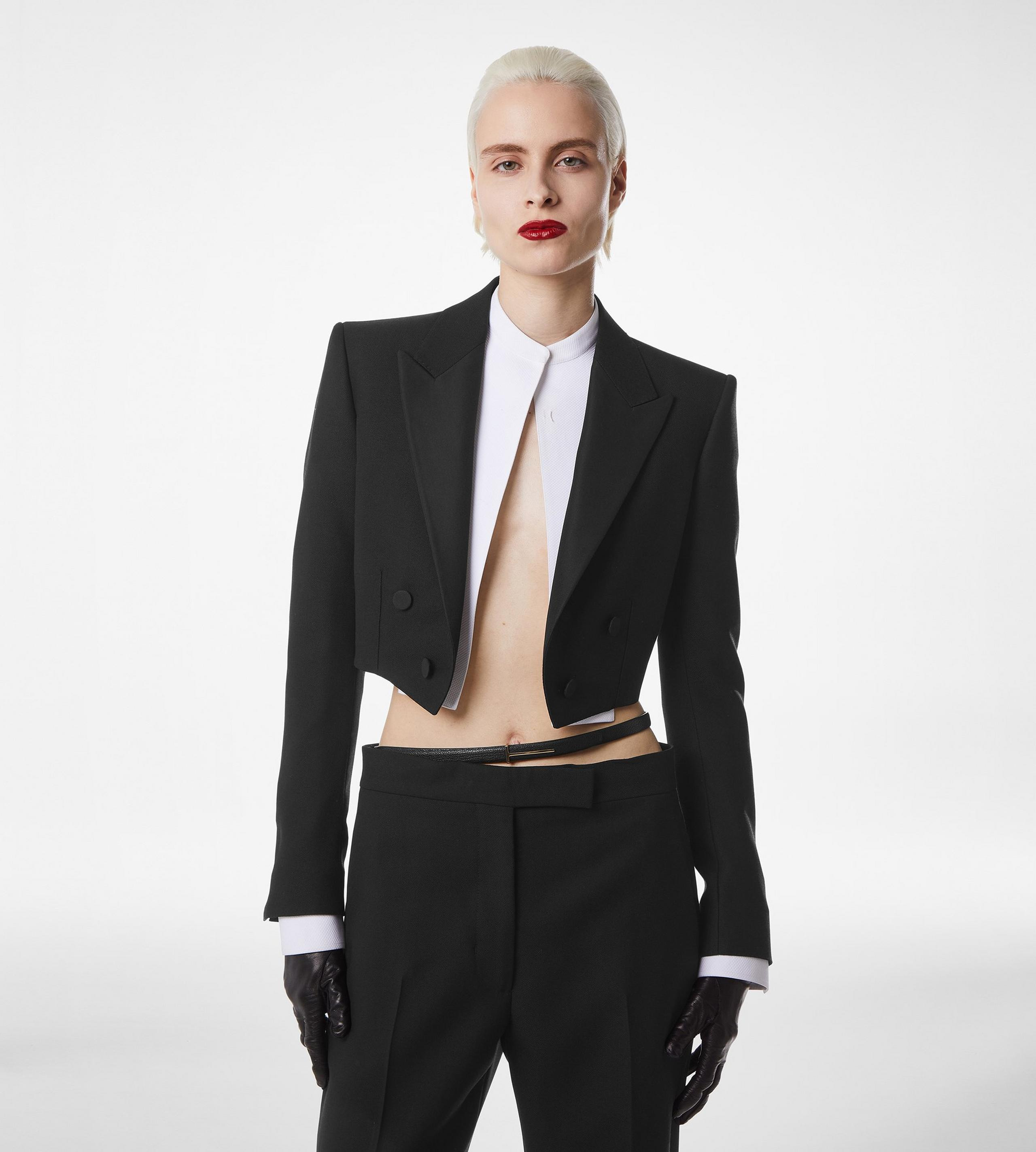 WOOL SILK BLEND DOUBLE BREASTED CROPPED TUXEDO JACKET - 4