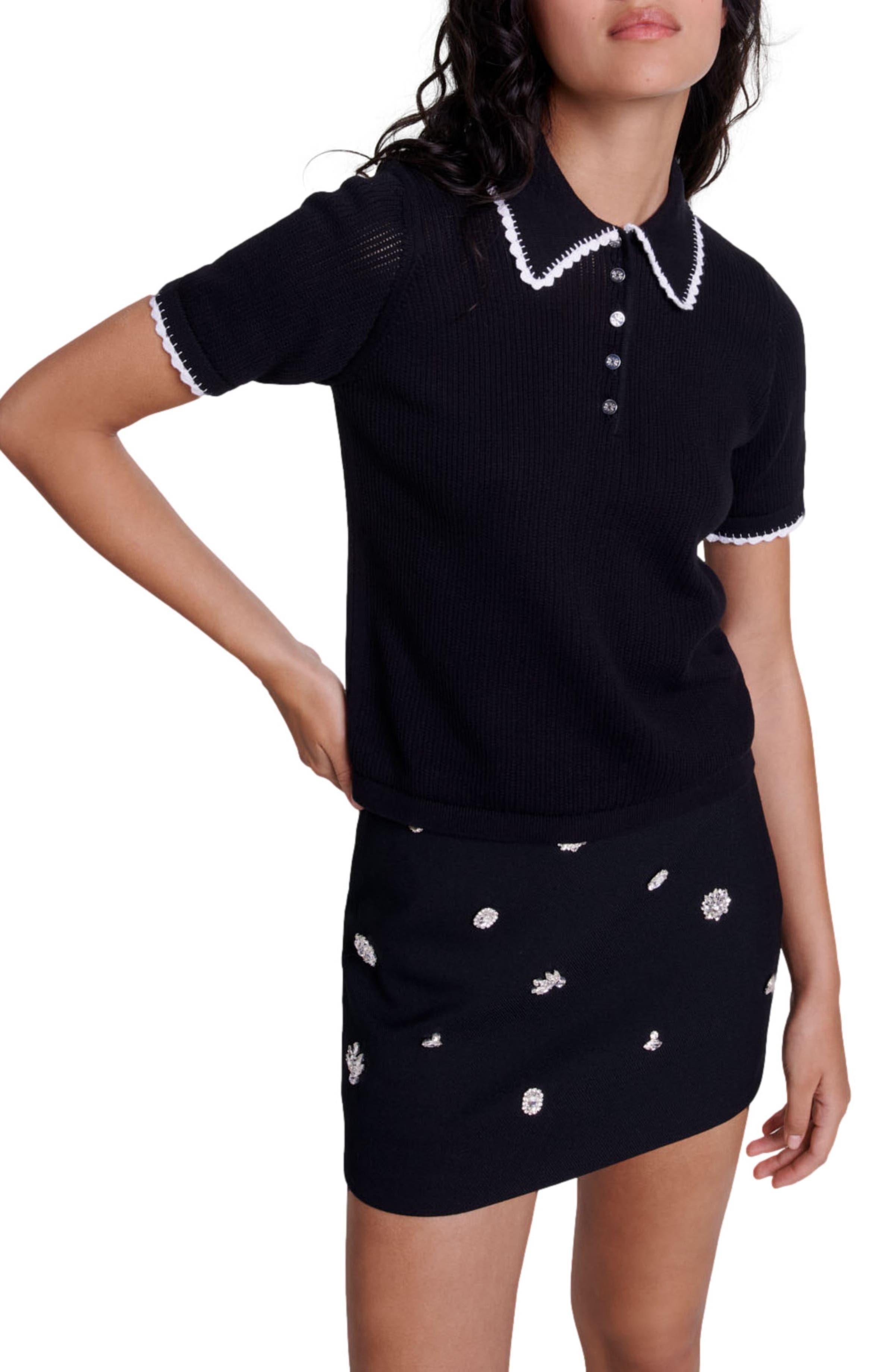 maje Pointelle knit polo shirt in Black at Nordstrom - 4