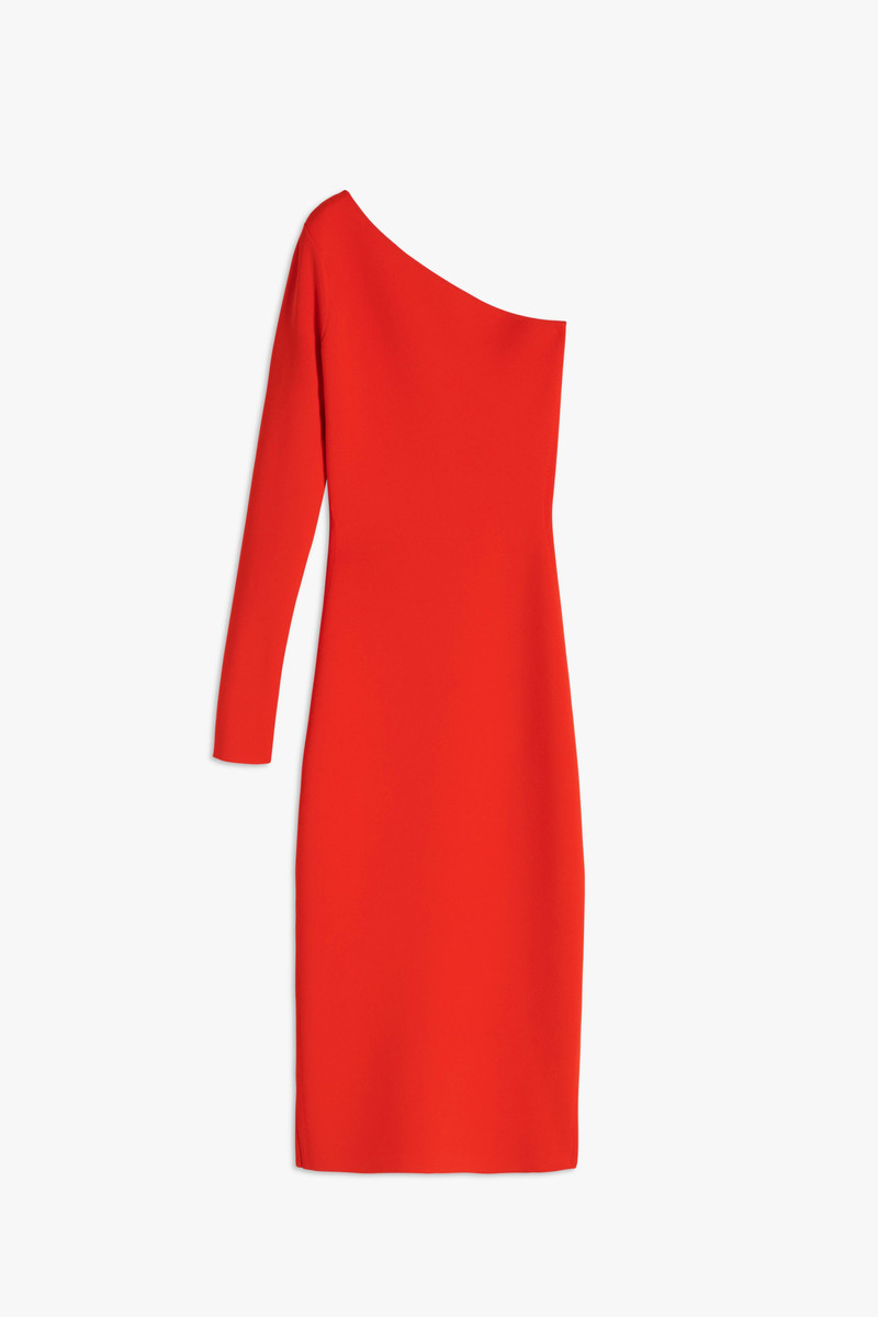 VB Body One Shoulder Midi Dress in Red-Orange - 1