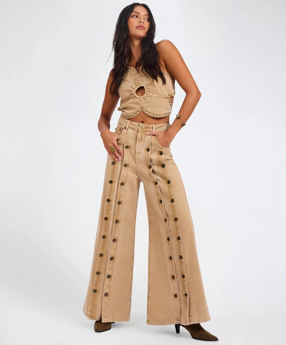 Hollywoods High Waist Wide Leg Denim Jeans - Warm Tan - 1